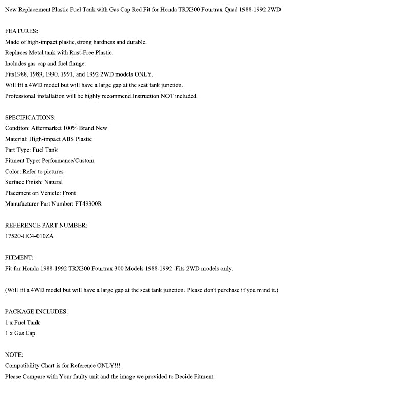 1988-1992 Honda TRX 300 Fourtrax 2WD NOUVEAU Réservoir de carburant en plastique avec bouchon 17520-HC4-010ZA