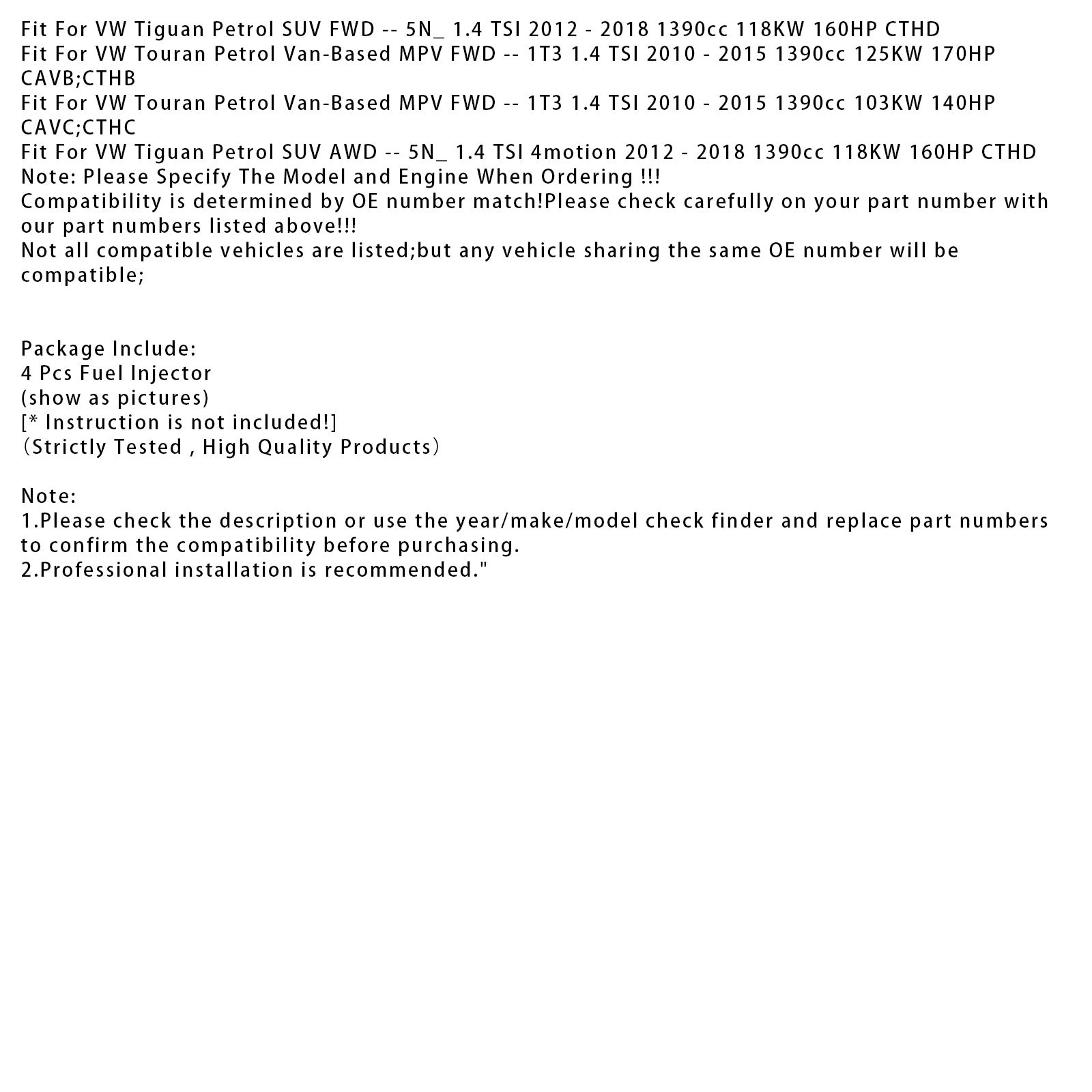4Pcs Fuel Injector For Audi Seat Skoda VW 1.4 TSI TFSI GTI RS 03C906036N