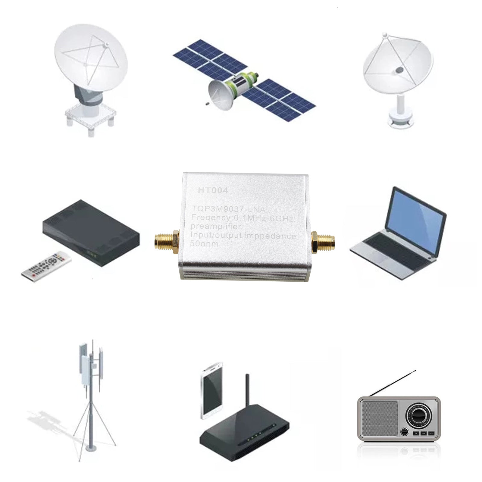 100K-6GHZ Full bånd Lavstøyforsterker 20dB Høy forsterkning Power Preamplifier HT004