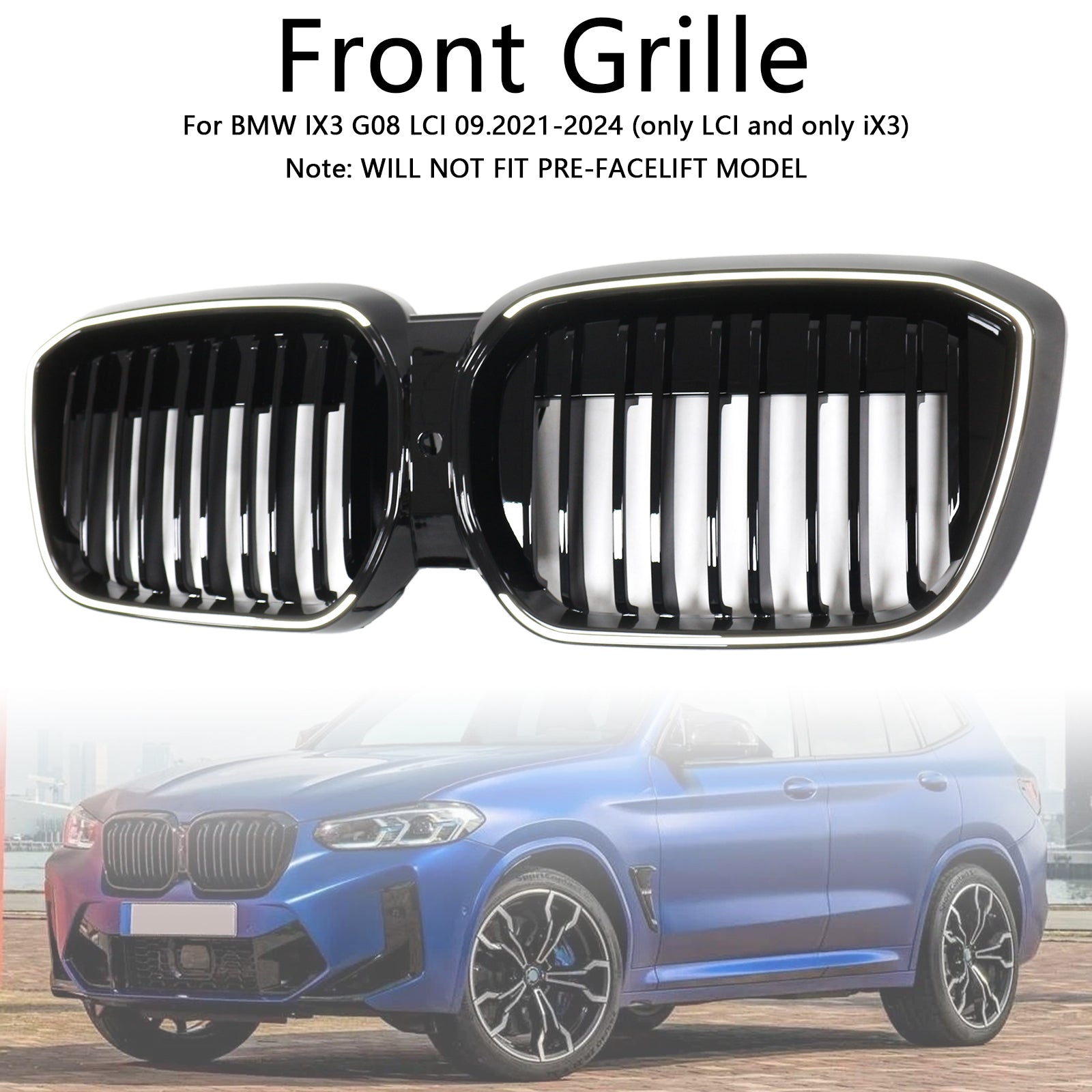2022-2024 BMW IX3 G08 LCI Double slat gloss Black Front Kidney Grill