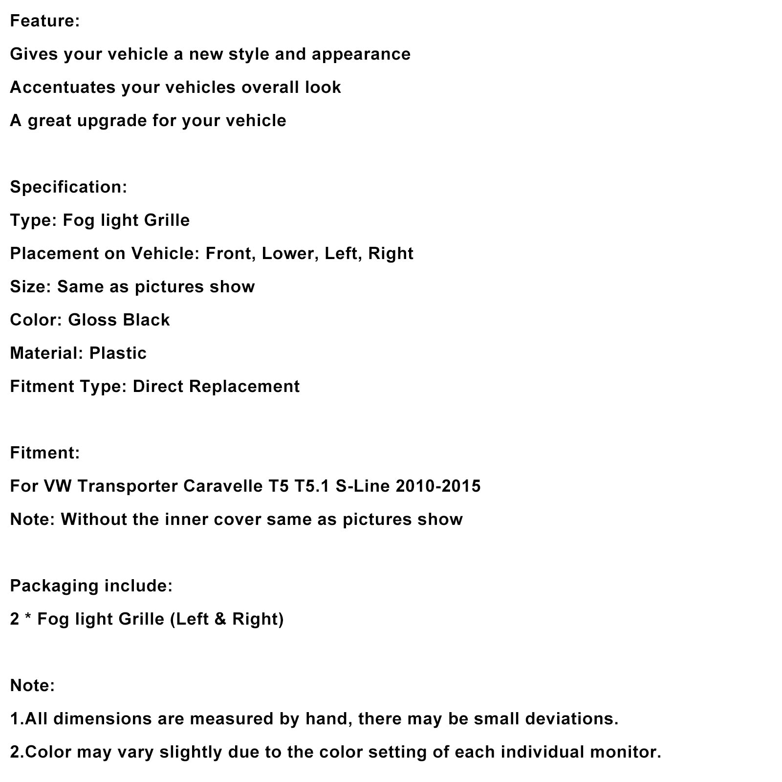2010-2015 VW T5 T5.1 Couvercle de lumière de la lampe de brouillard S-line