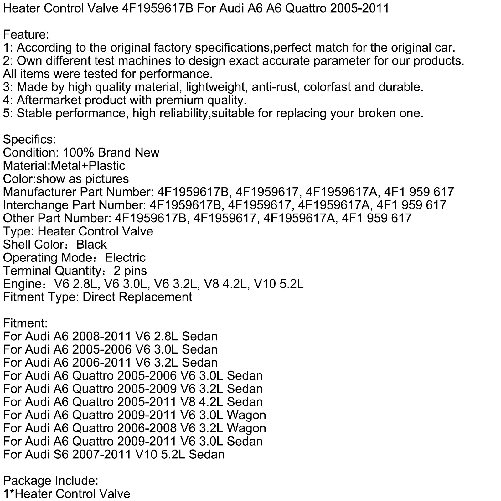 Vanne de commande de chauffage 4F1959617B pour Audi A6 A6 Quattro 2005-2011