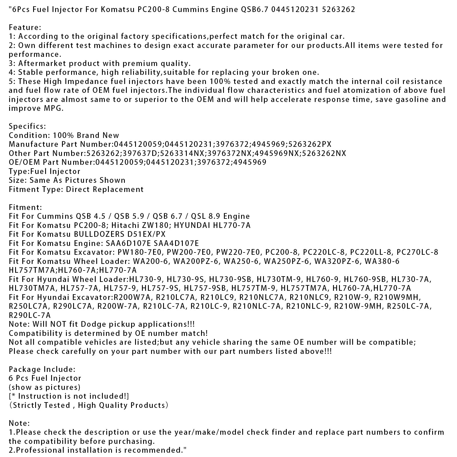 6Pcs Fuel Injector For Komatsu PC200-8 Cummins Engine QSB6.7 0445120231 5263262