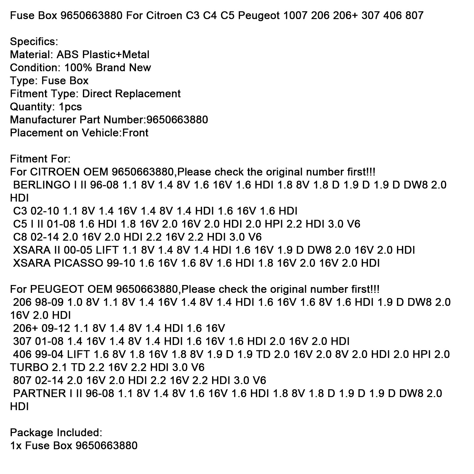 Säkringsbox 9650663880 För Citroen C3 C4 C5 Peugeot 1007 206 206+ 307 406 807