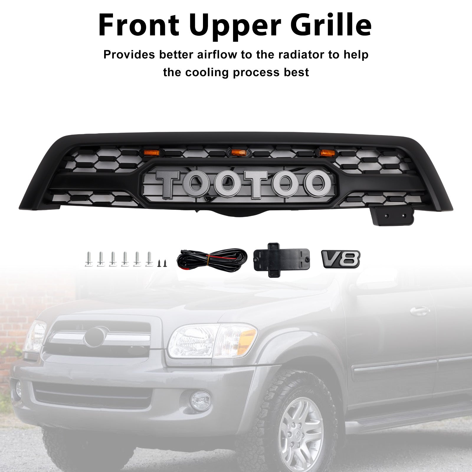 Matte Black Front Bumper Grill Grille Fit Toyota Sequoia 2005-2007 W/ Led Light