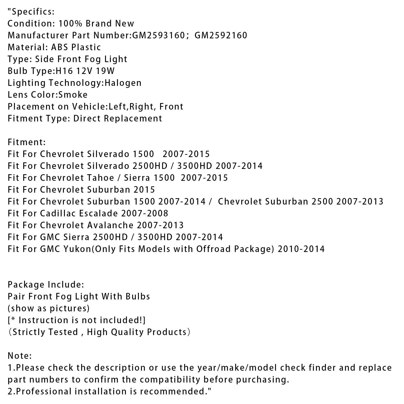 Pair Front Fog Light Lamps With Bulbs For Chevy Silverado 2007-2013 Smoked Lens