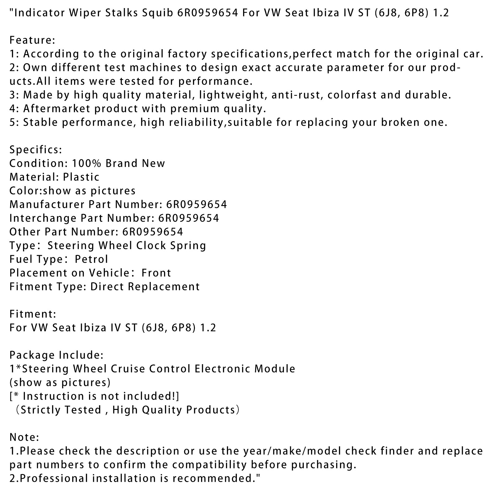 6P8) 1.2 Richtingaanwijzerwisserstangen Squib 6R0959654 voor VW Seat Ibiza IV ST (6J8)