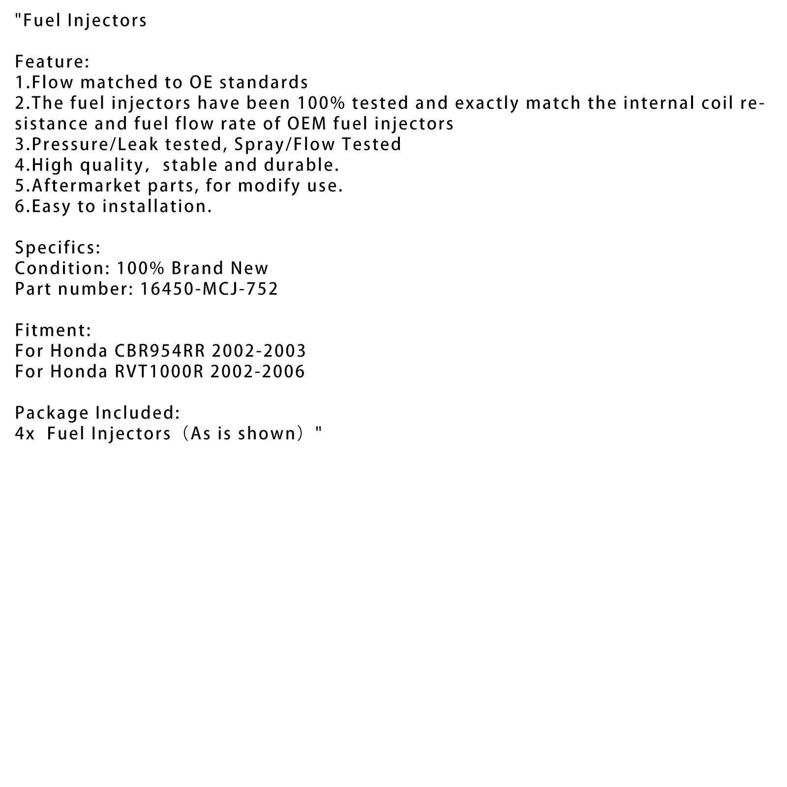 4PC 16450-MCJ-752 Brandstof Injectoren Voor Honda CBR900RR 02-03 CBR954RR 02-06 RVT1000R