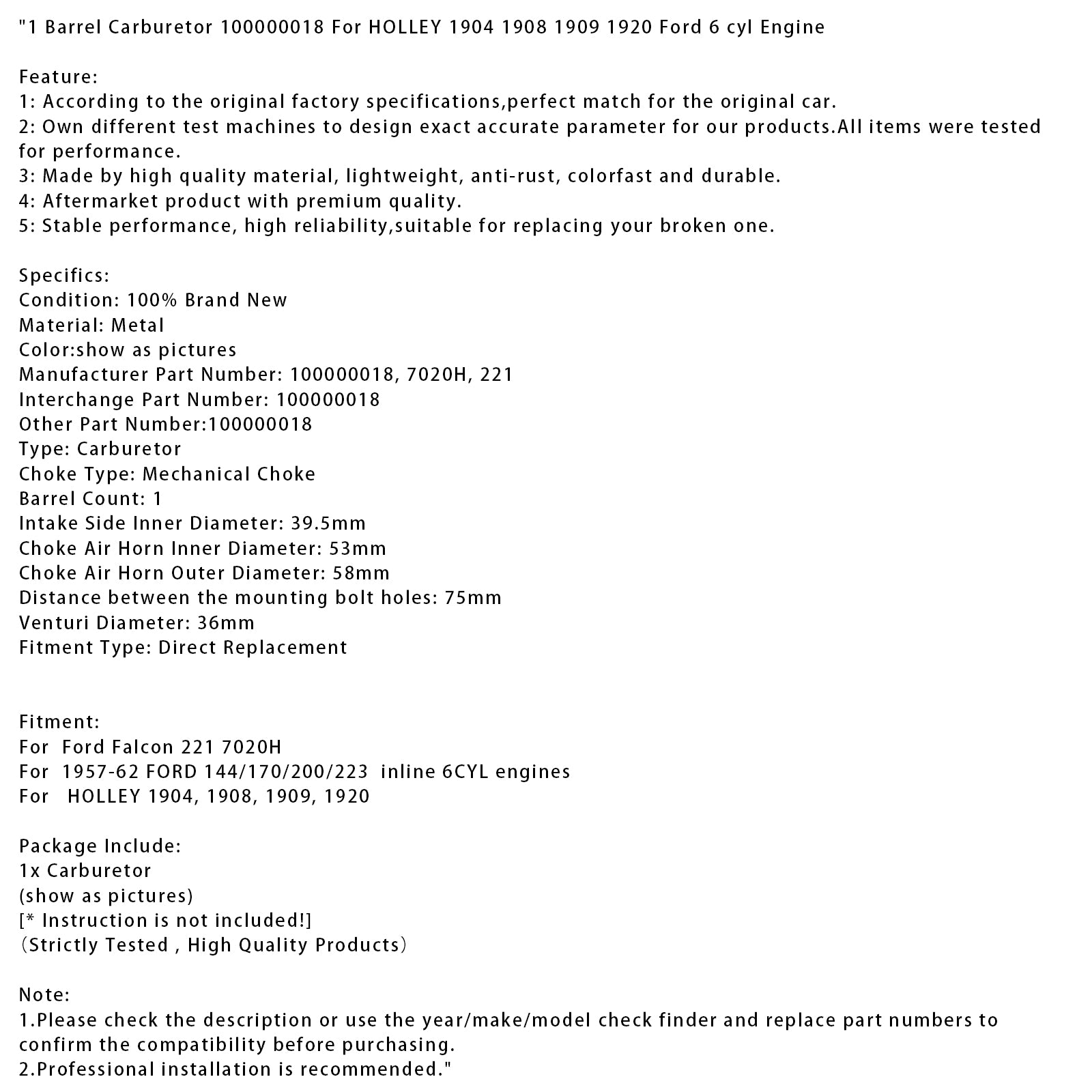 1 Barrel Carburetor 100000018 For HOLLEY 1904 1908 1909 1920 Ford 6 cyl Engine