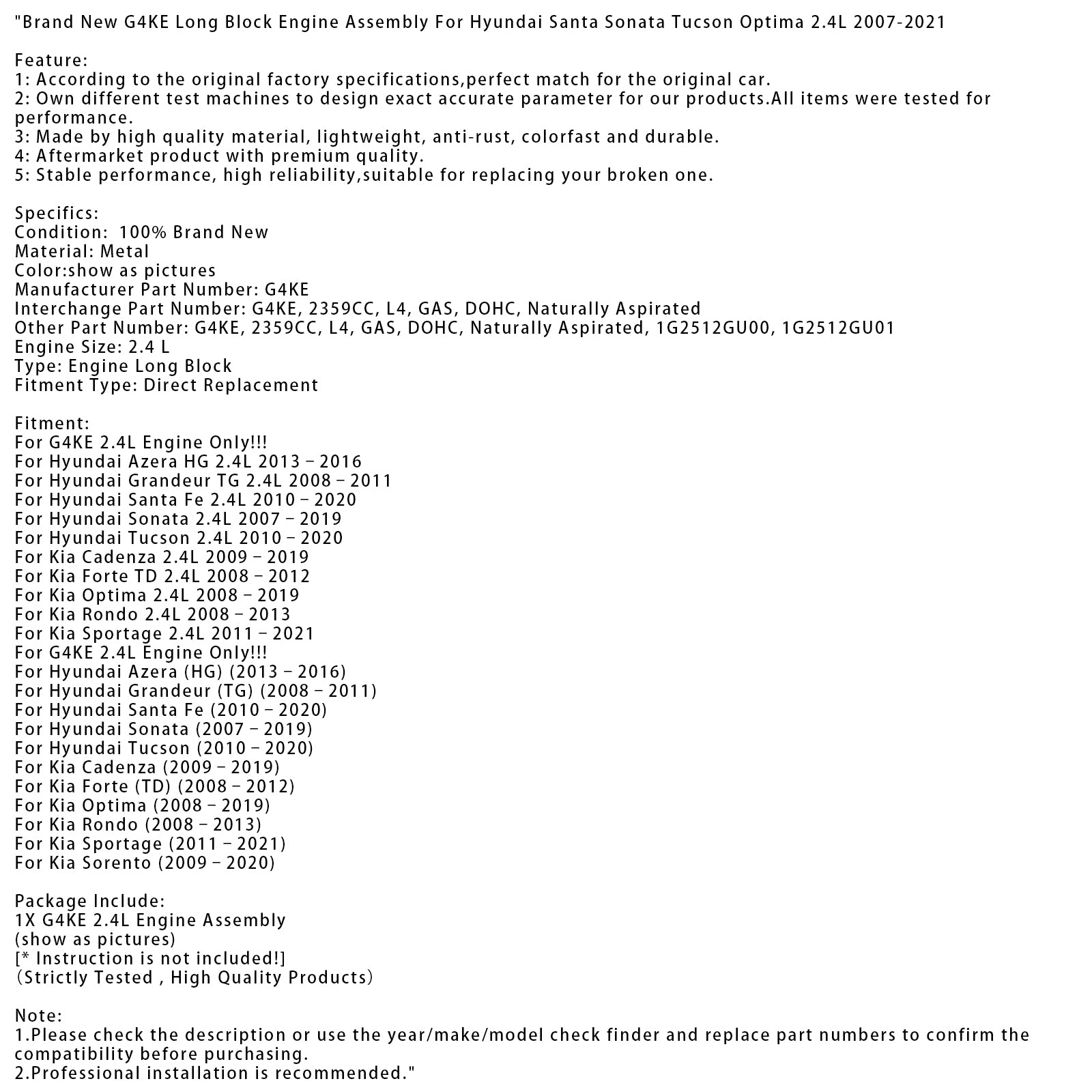 G4KE långblocksmotorenhet för Hyundai Santa Sonata Tucson 2.4L 2007-2021