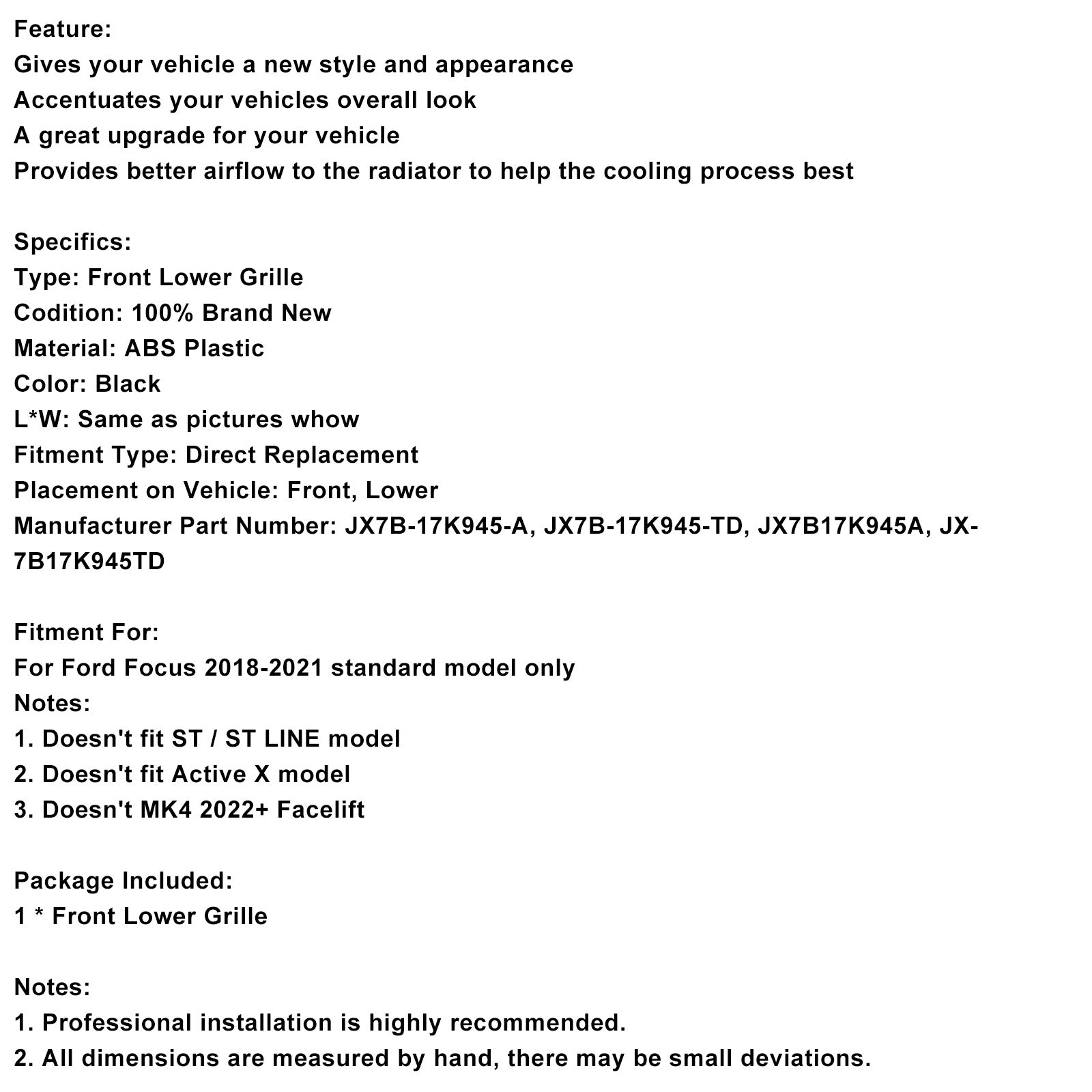 2018-2021 Ford Focus MK4 St-stijl voorbumper onderste grillrooster zwart