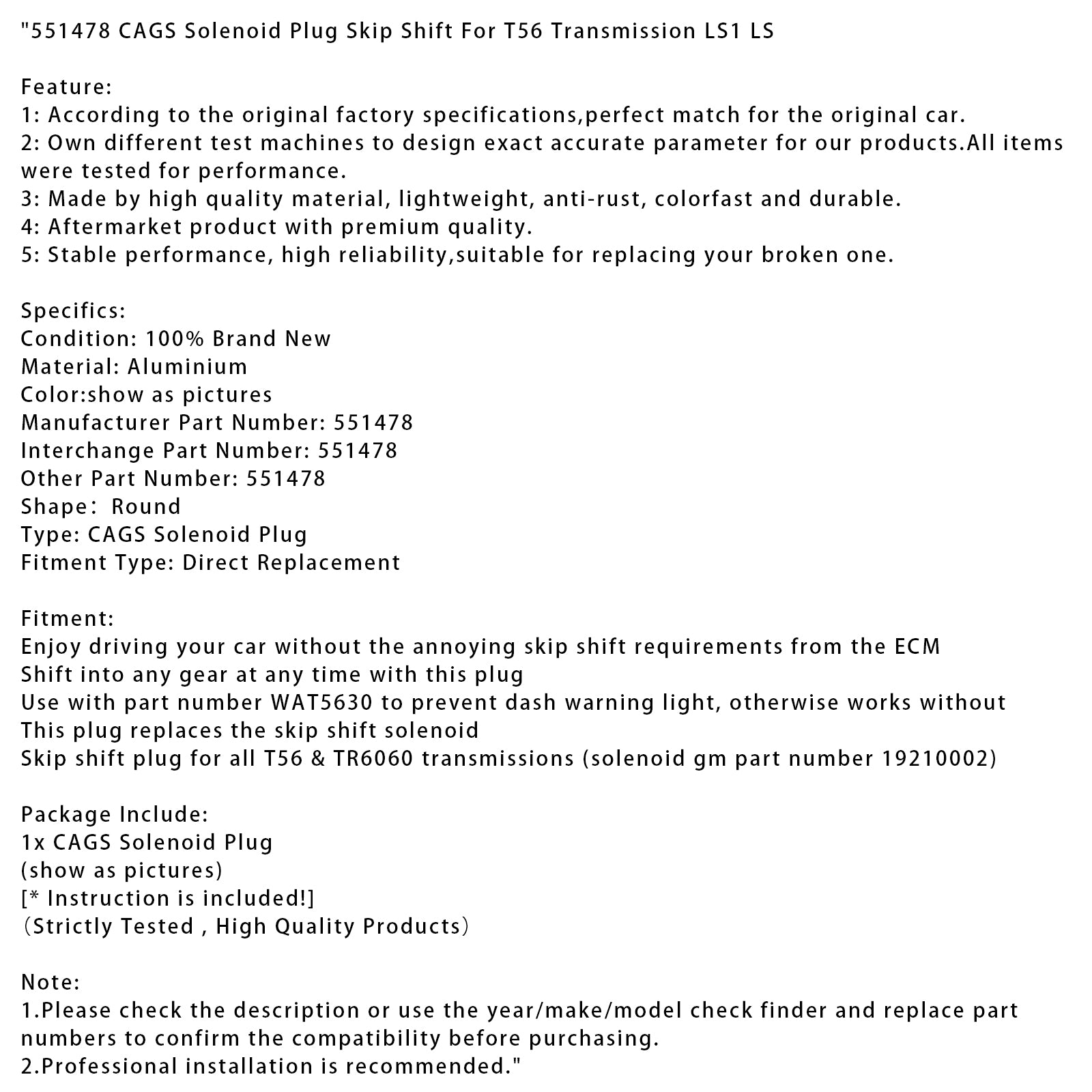 551478 Solenóide Plug Skip Shift para T56 Transmission LS1 LS