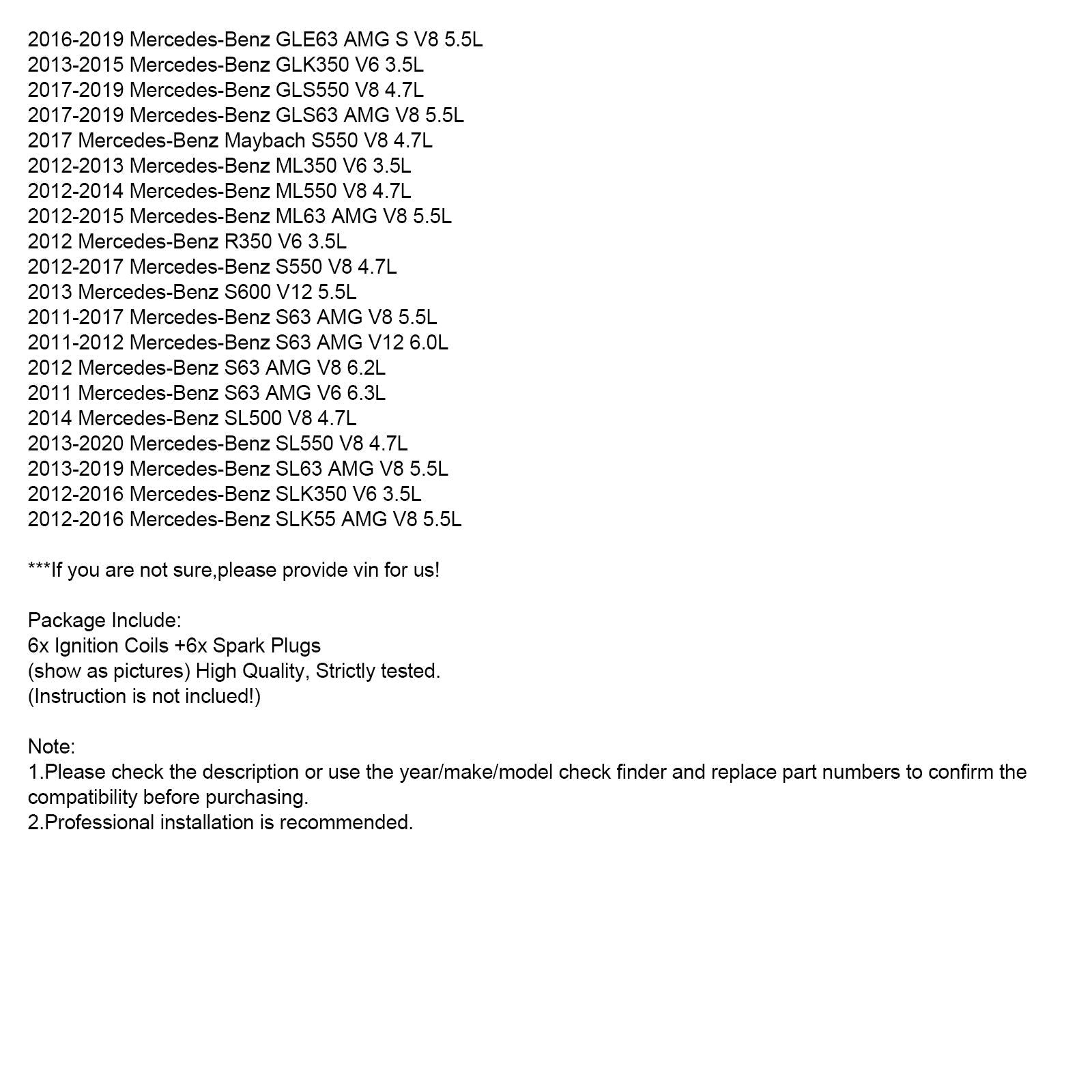 2011-2012 Mercedes-Benz CL63 AMG V12 6.0L Tändspol +tändstift UF741 6PCS 2769063700