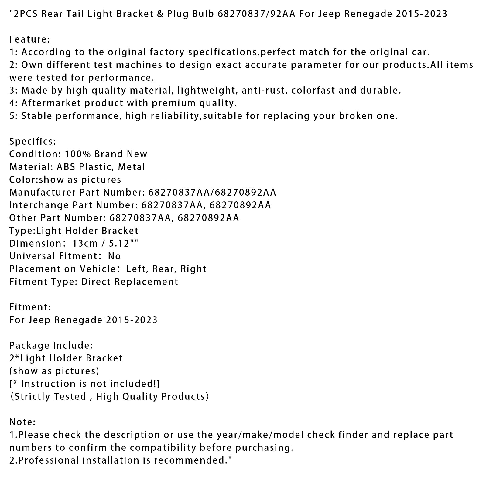 Support de feu arrière 2 pièces pour Jeep Renegade 2015-2023 & Ampoule de prise 68270837/92AA