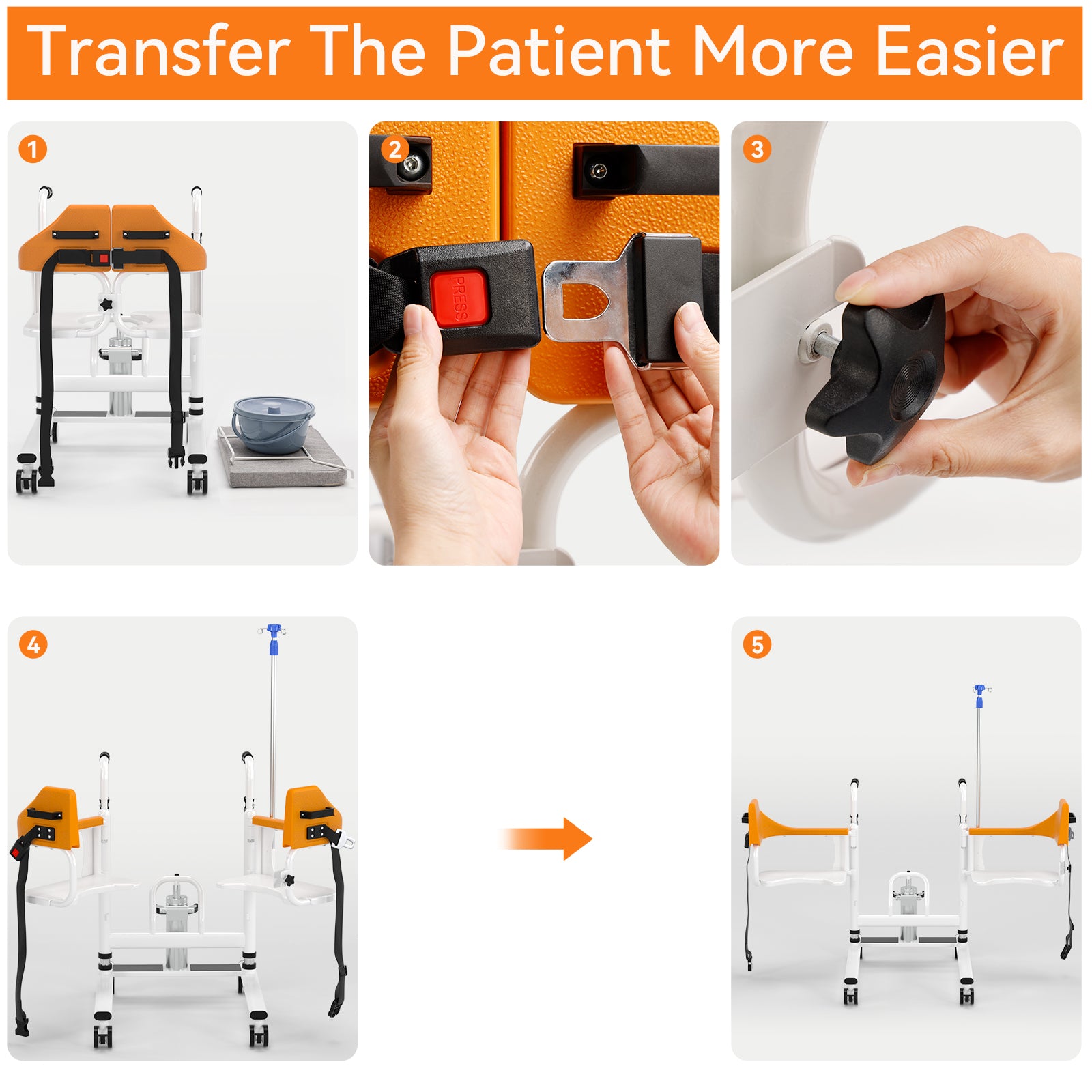 Bredda patientstol hydraulisk överföringslyft rullstol 180 ° delad säte