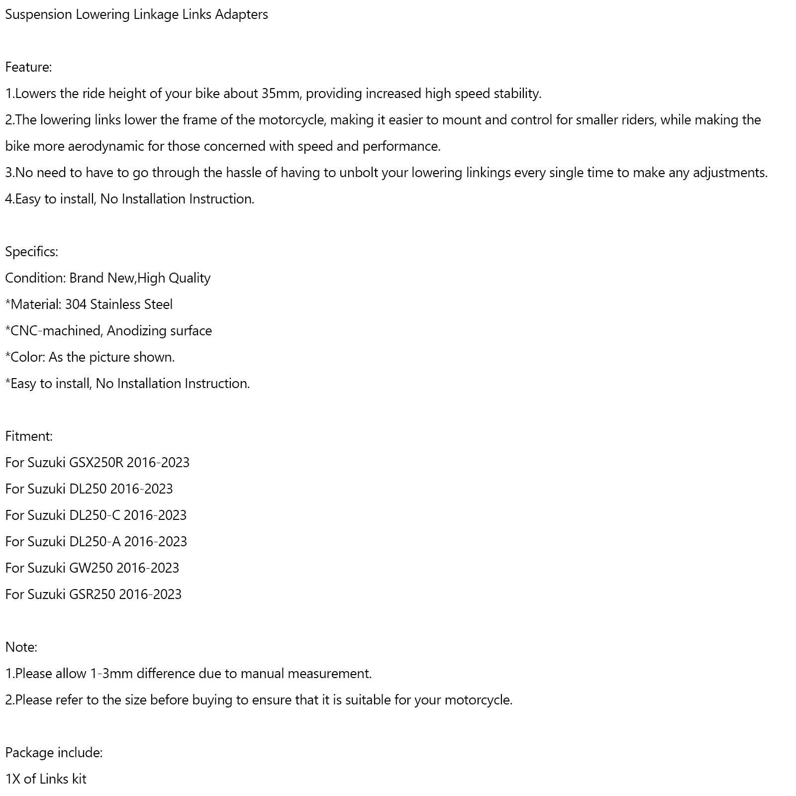 Suzuki GSR250R DL250 GW250 Sada znížených závesov pre GSX250R, čierna