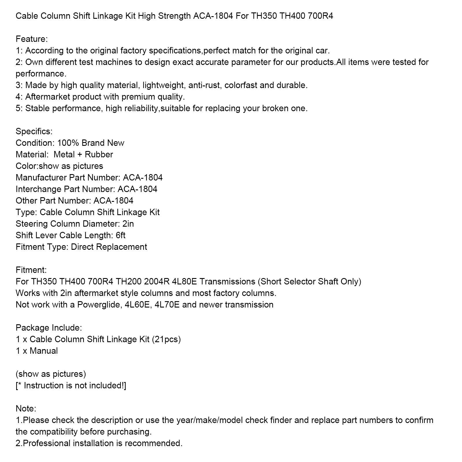 Kit de liaison de décalage de colonne de câble ACA-1804 pour Th350 Th400 700R4