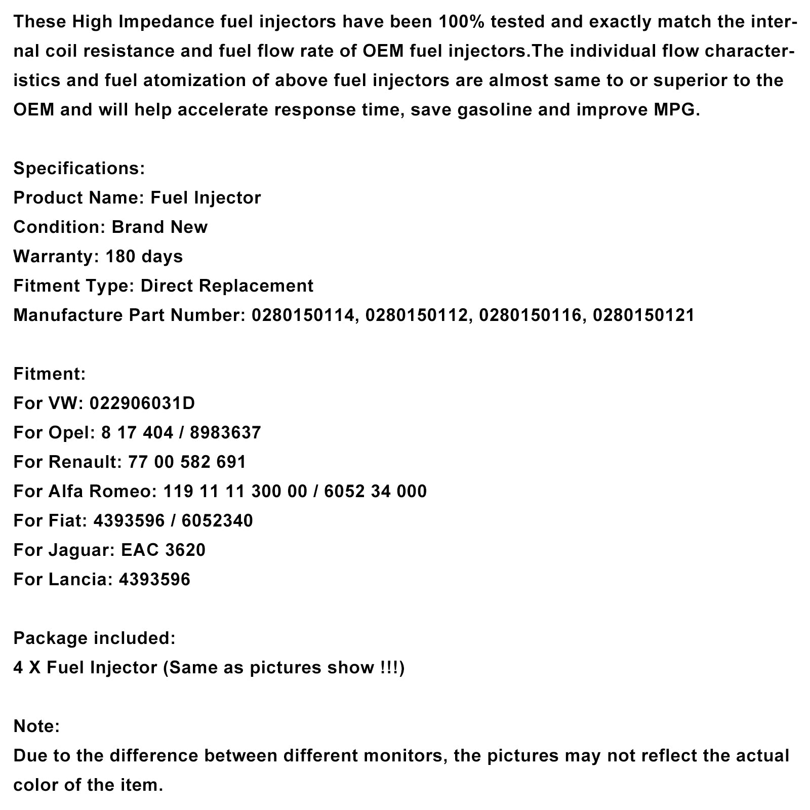 Injecteur de carburant 0280150114, 4 pièces, pour VW, Opel, Renault, Alfa Romeo
