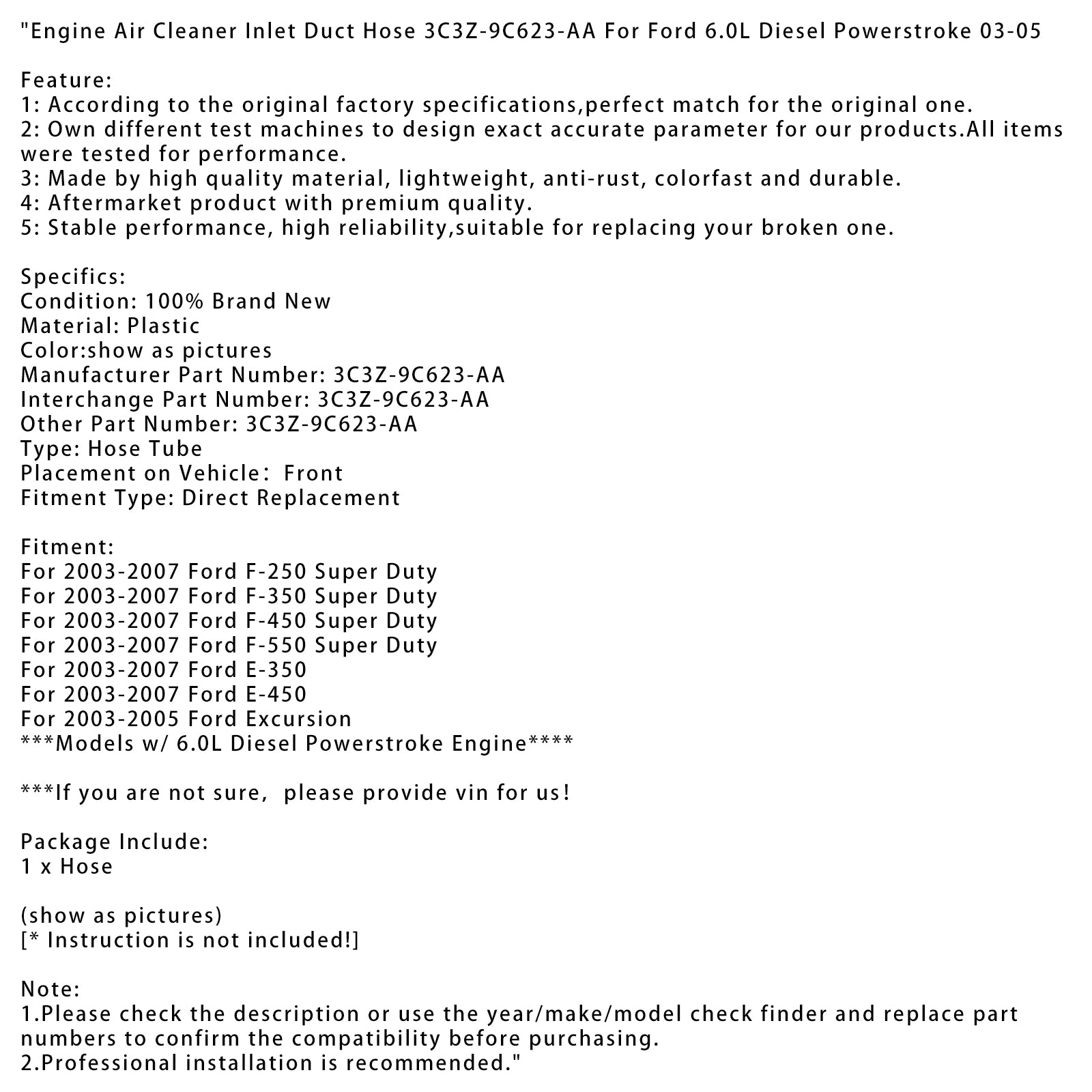 2003-2007 Ford E-350 Engine Air Cleaner Inlet Duct Hose 3C3Z-9C623-AA