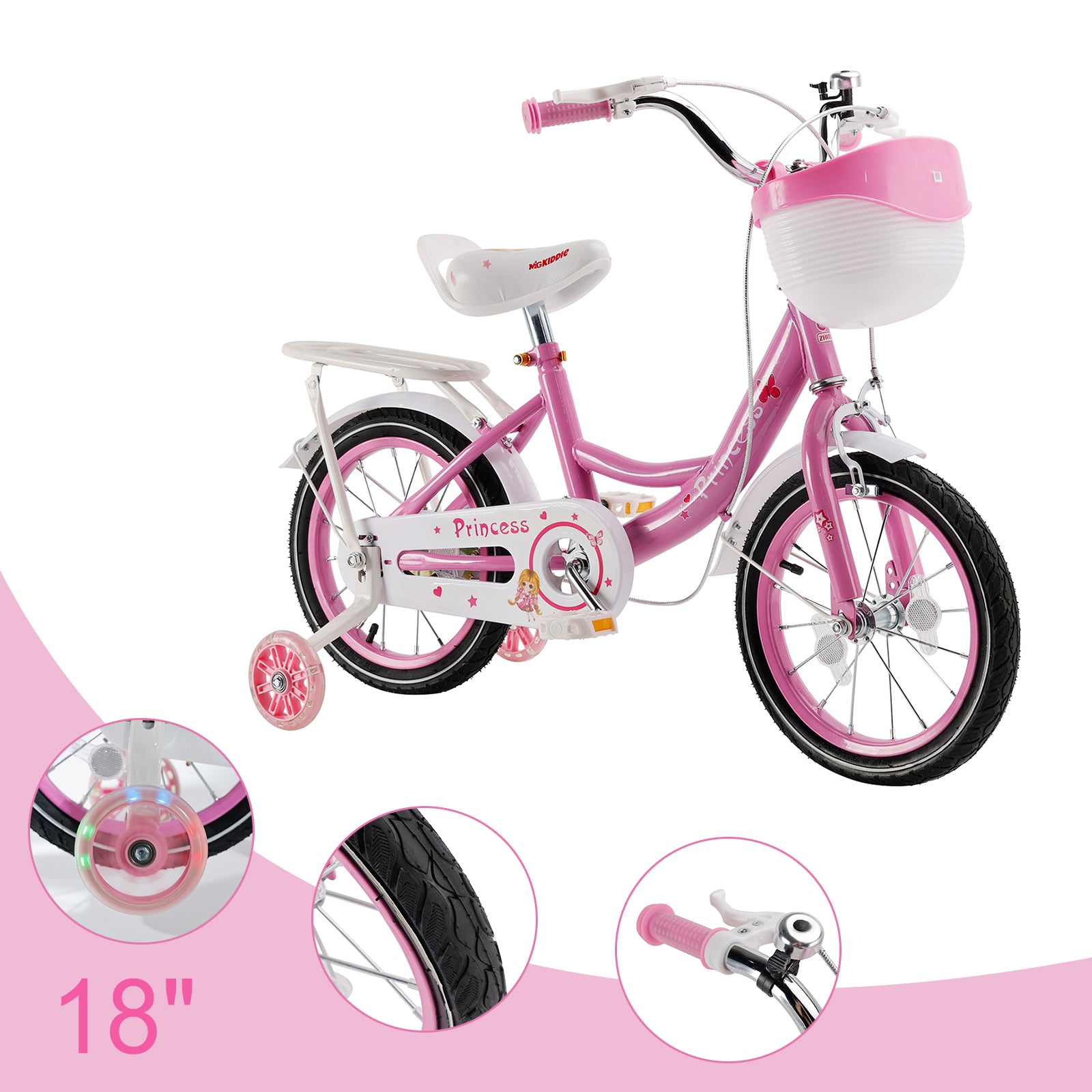 16"/18" Children Princess Bicycle Girls Bike with Removable Training Wheels Pink