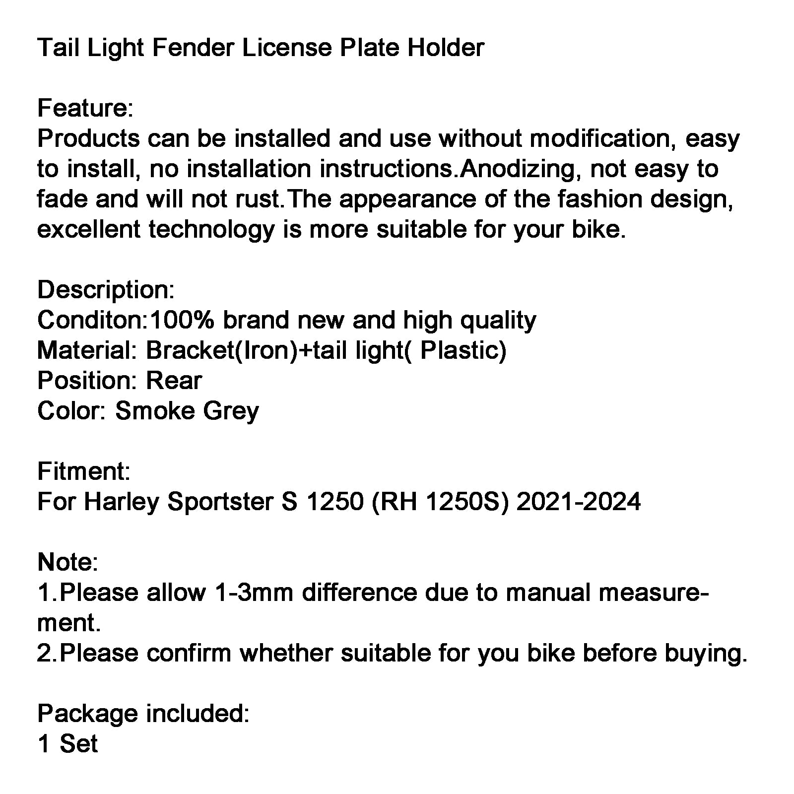 Support de plaque d'immatriculation pour feu arrière Harley Sportster S 1250 (RH 1250S) 2021 – 2024