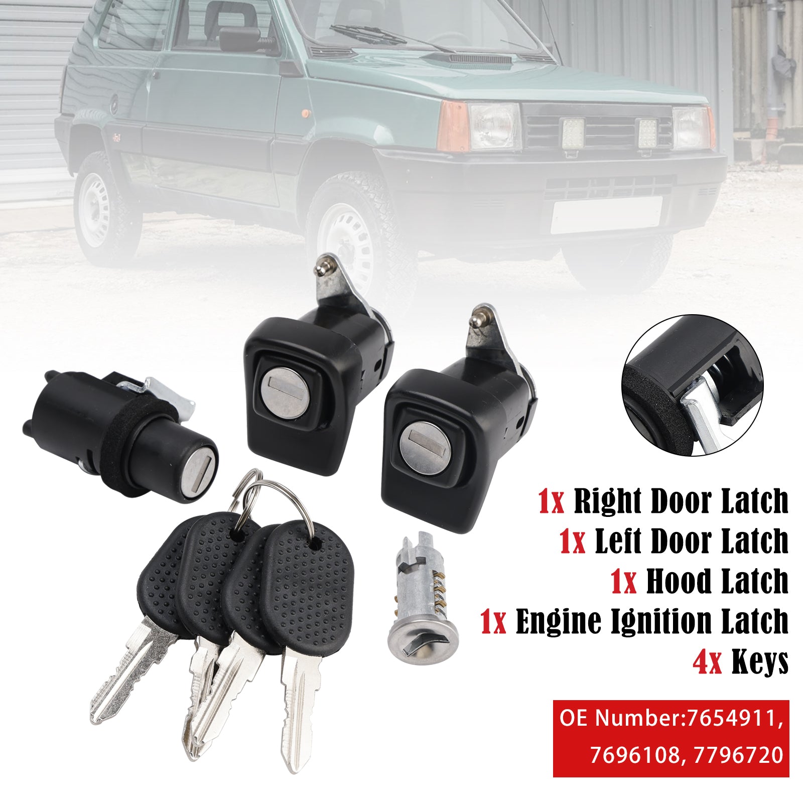 Right and Left Door Lock Kit + Bonnet + Cylinder + 4 Keys For Fiat Panda 85/104