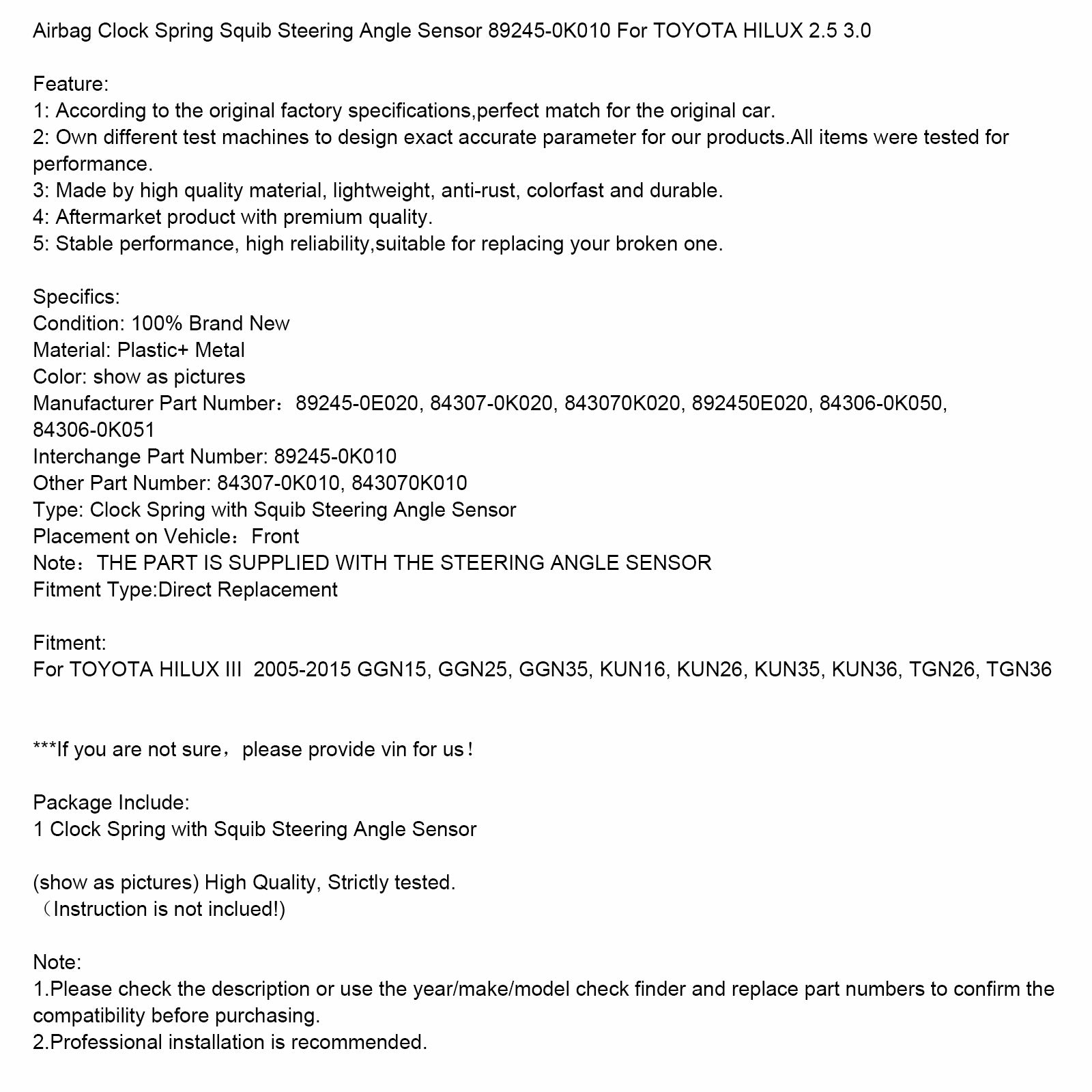 2005-2015 Toyota Hilux III GGN15 GGN25 GGN35 KUN16AIRBAGH CLOCK SPRING SPEAL SNDOR UKLADOVÉHO SENZOR 89245-0K010