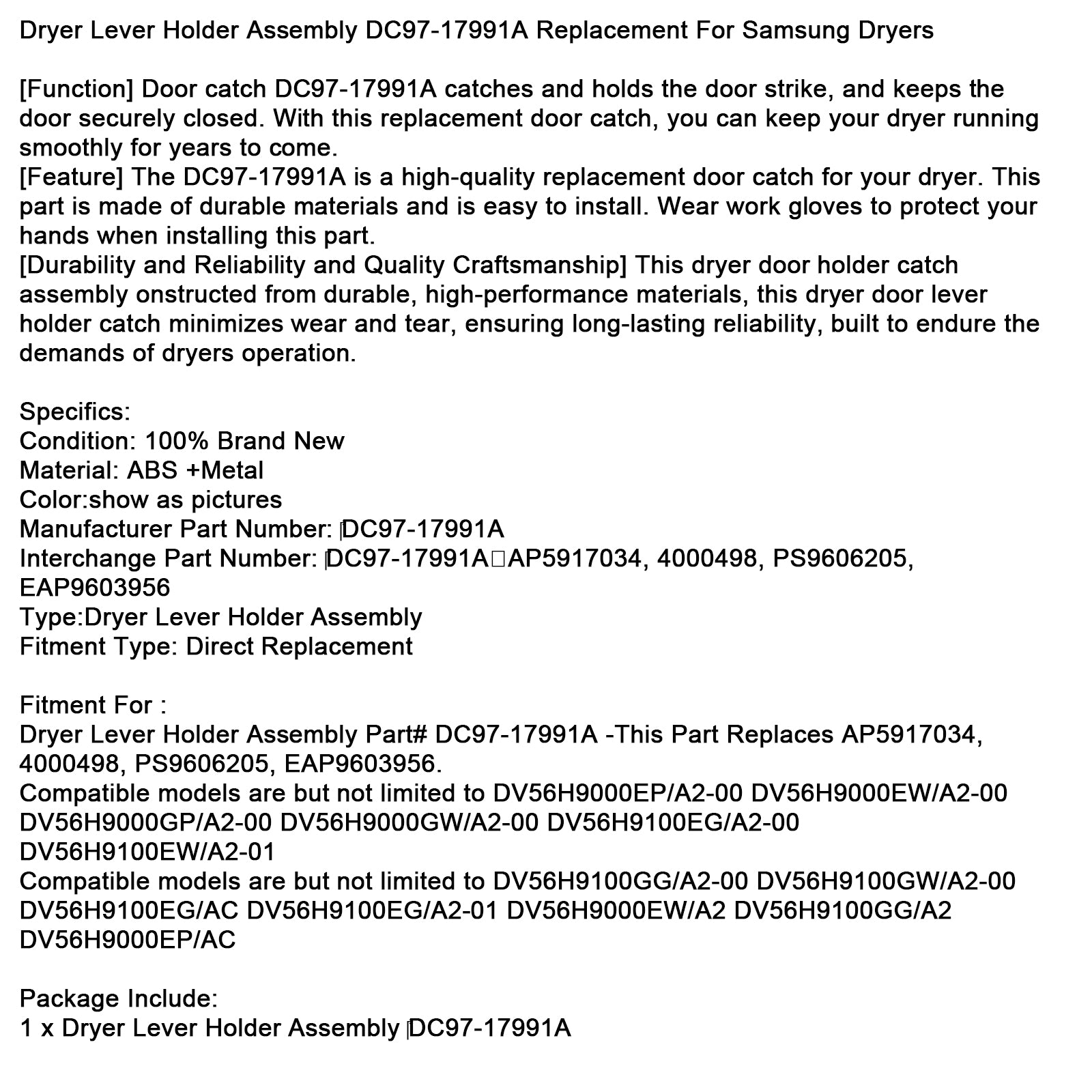 Tørketrommel spakholder montering dc97-17991a erstatning for samsung tørketrommel