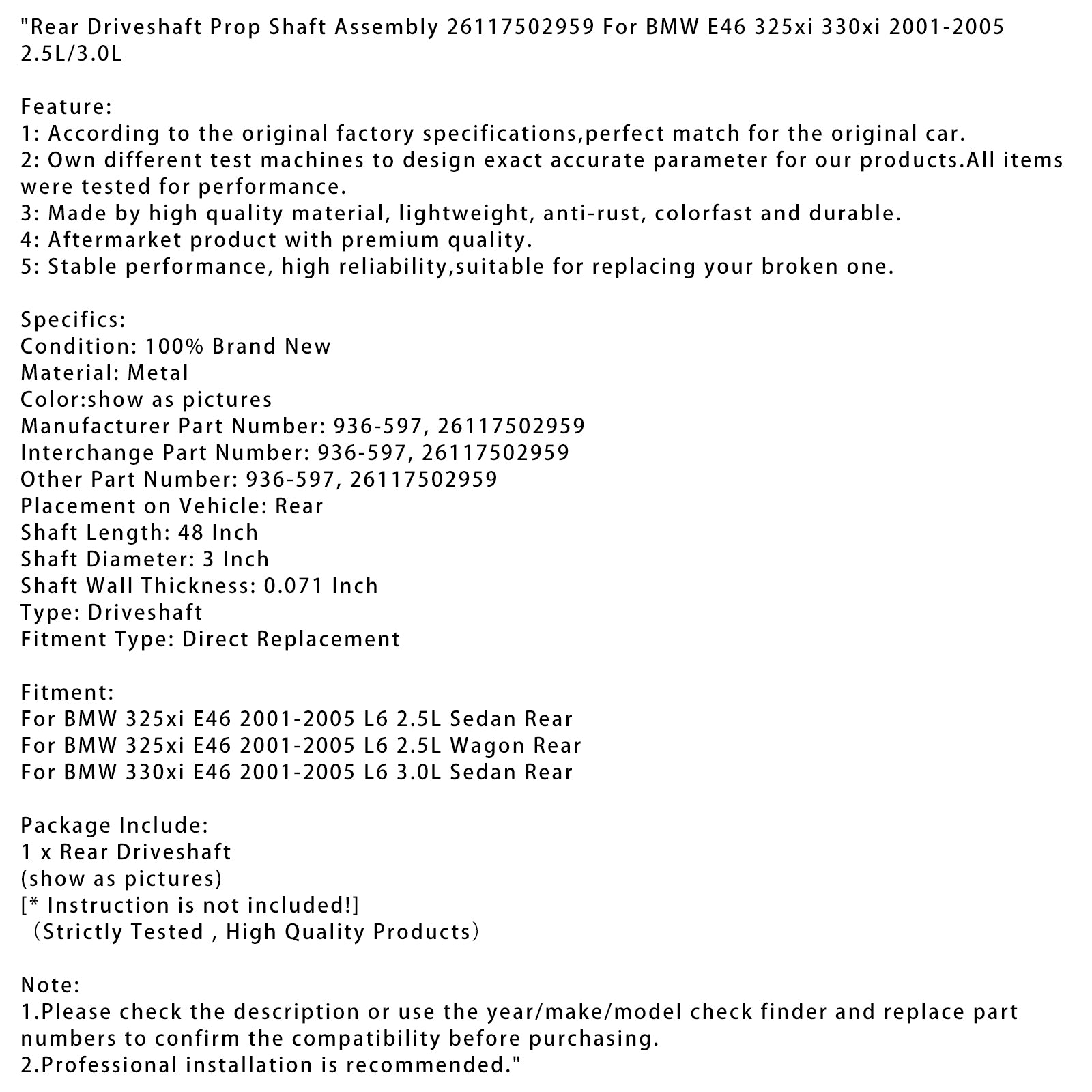 2001-2005 BMW 325XI E46 L6 2.5L CONJUNTO DE ERRA DE ERRAGEM TRASEIRO DE VAGO VAGO 26117502959 936-597