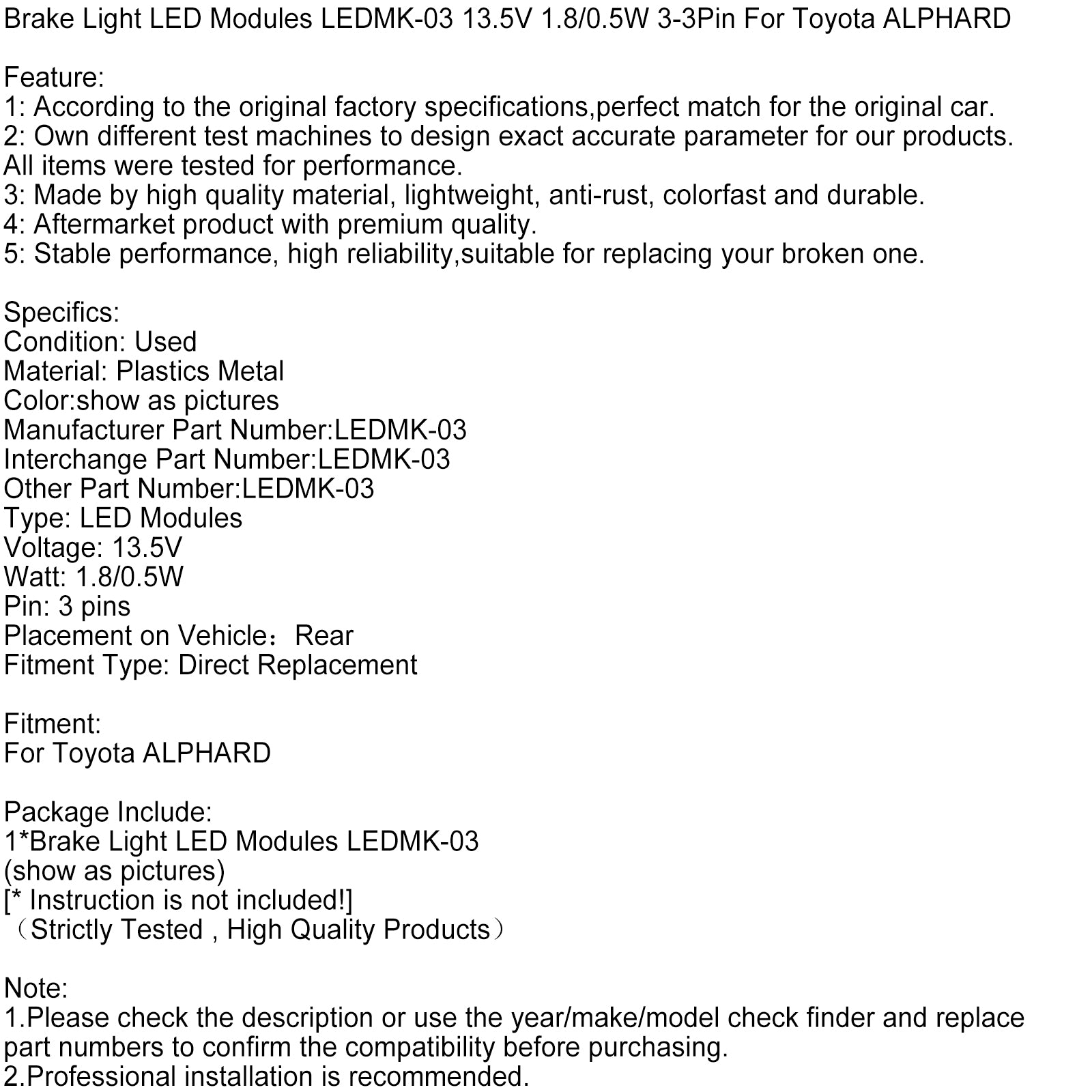Remlicht LED-modules LEDMK-03 13,5 V 1,8/0,5 W 3-3Pin voor Toyota ALPHARD