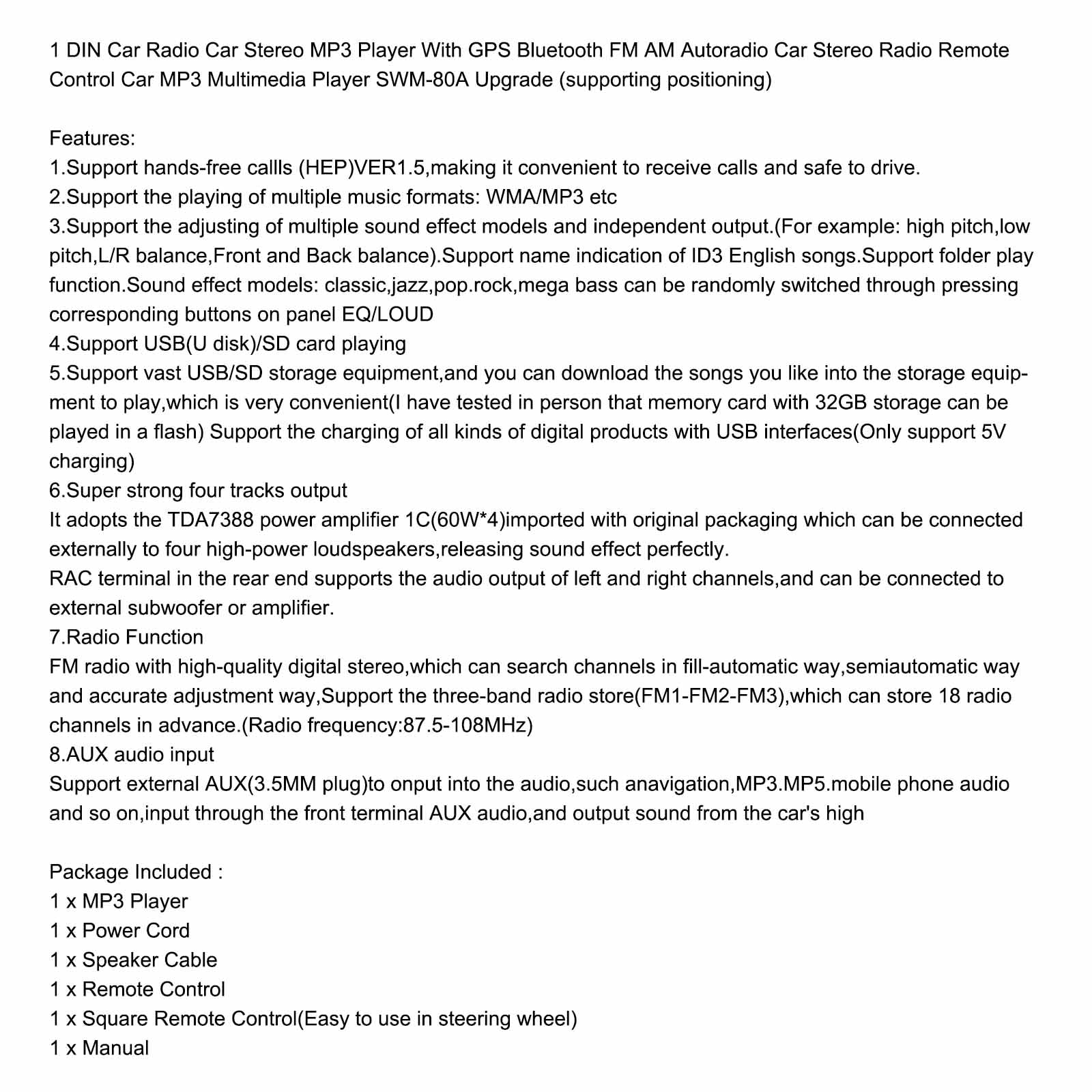 Swm-80a 1 din Car stéréo radio soutenant le positionnement mp3 lecteur bluetooth fm am