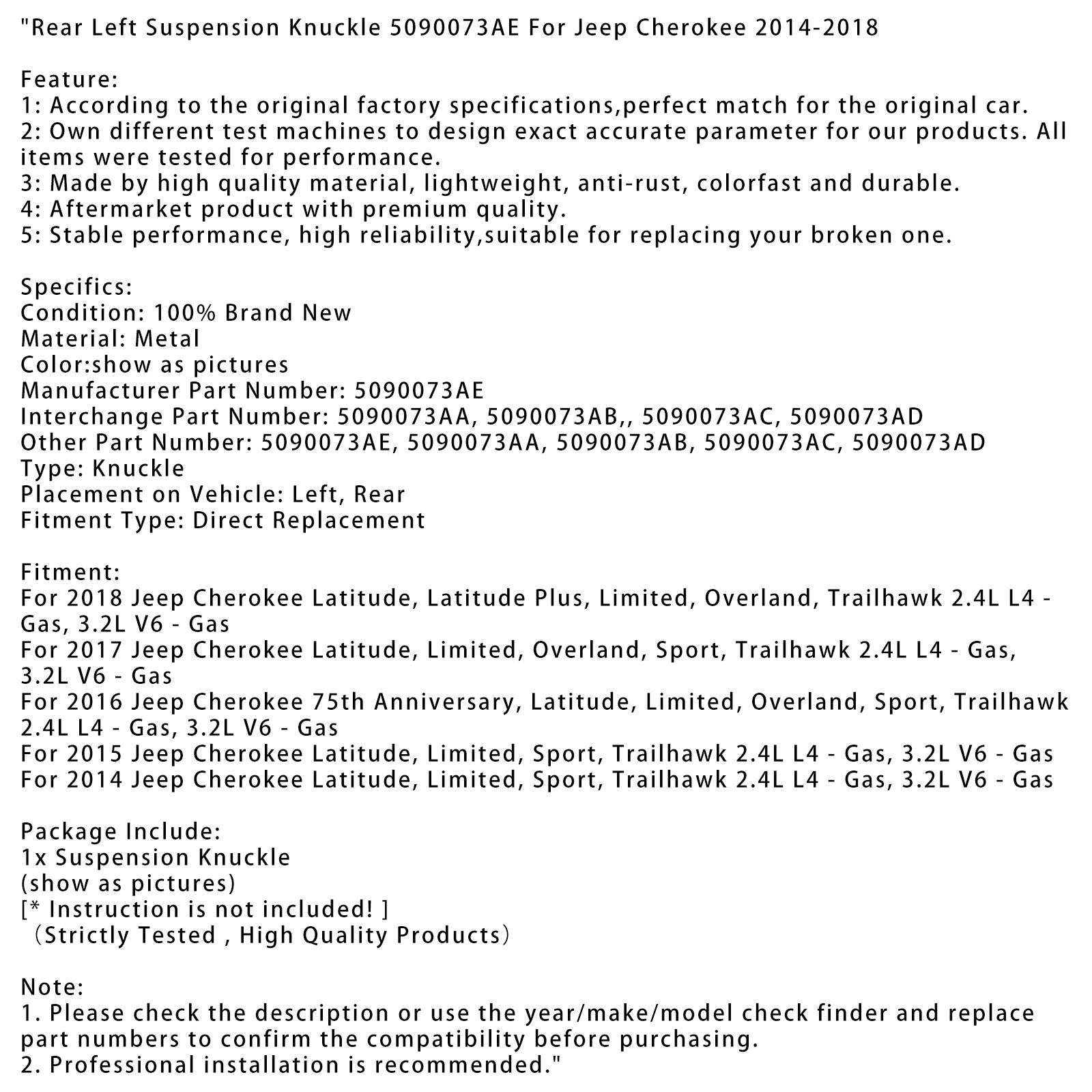 2015 Jeep Cherokee Latitude Limited Sport Trailhawk Suspensión trasera izquierda Nudillo 5090073AE