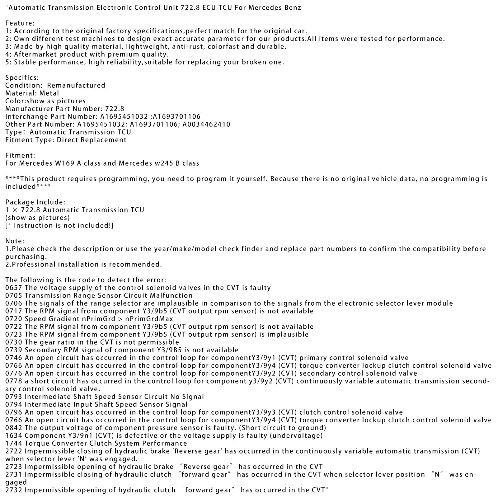 Unité de commande électronique de transmission automatique 722.8 ECU TCU pour Mercedes Benz A1693701106