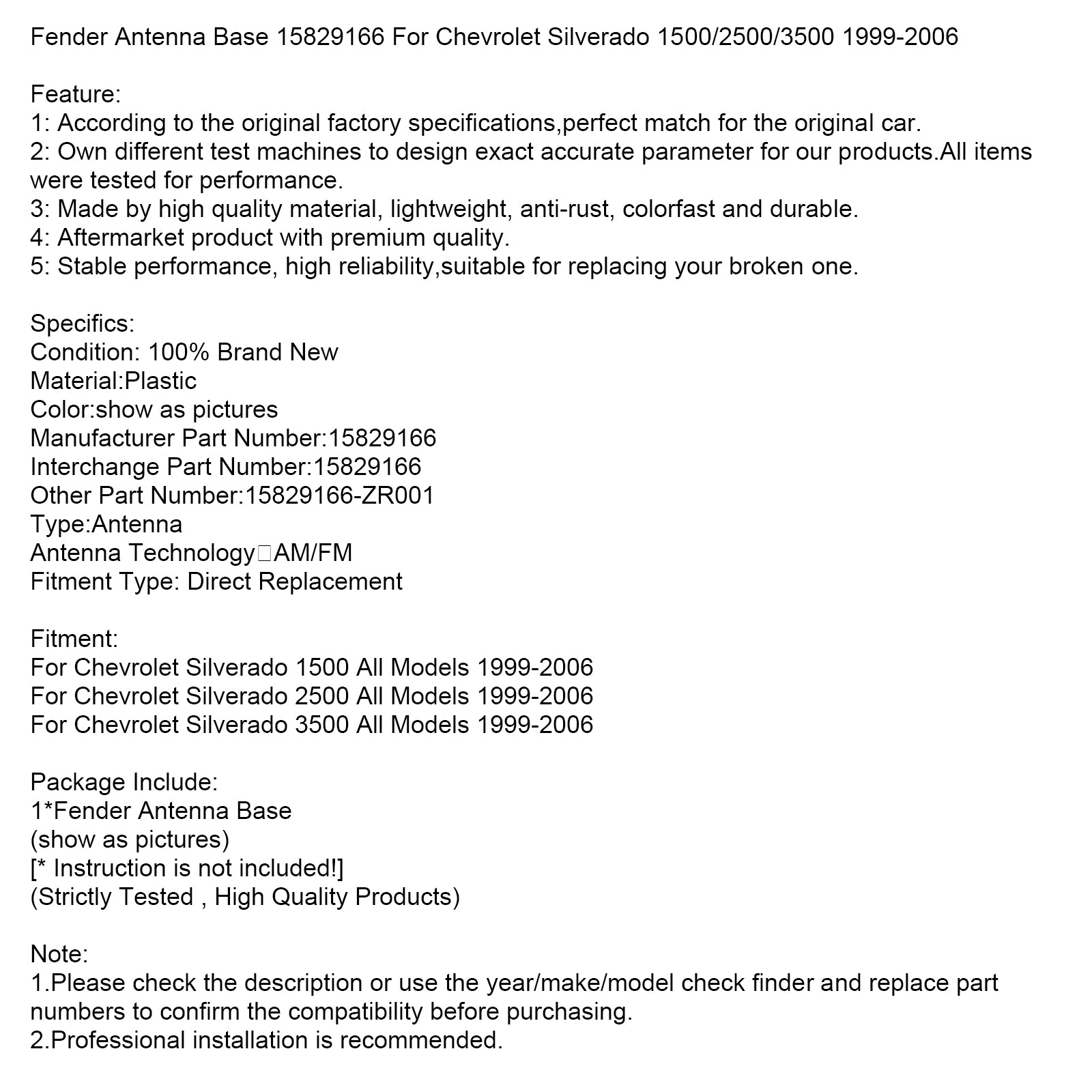 Fender Antenna Base 15829166 For Chevrolet Silverado 1500/2500/3500 1999-2006