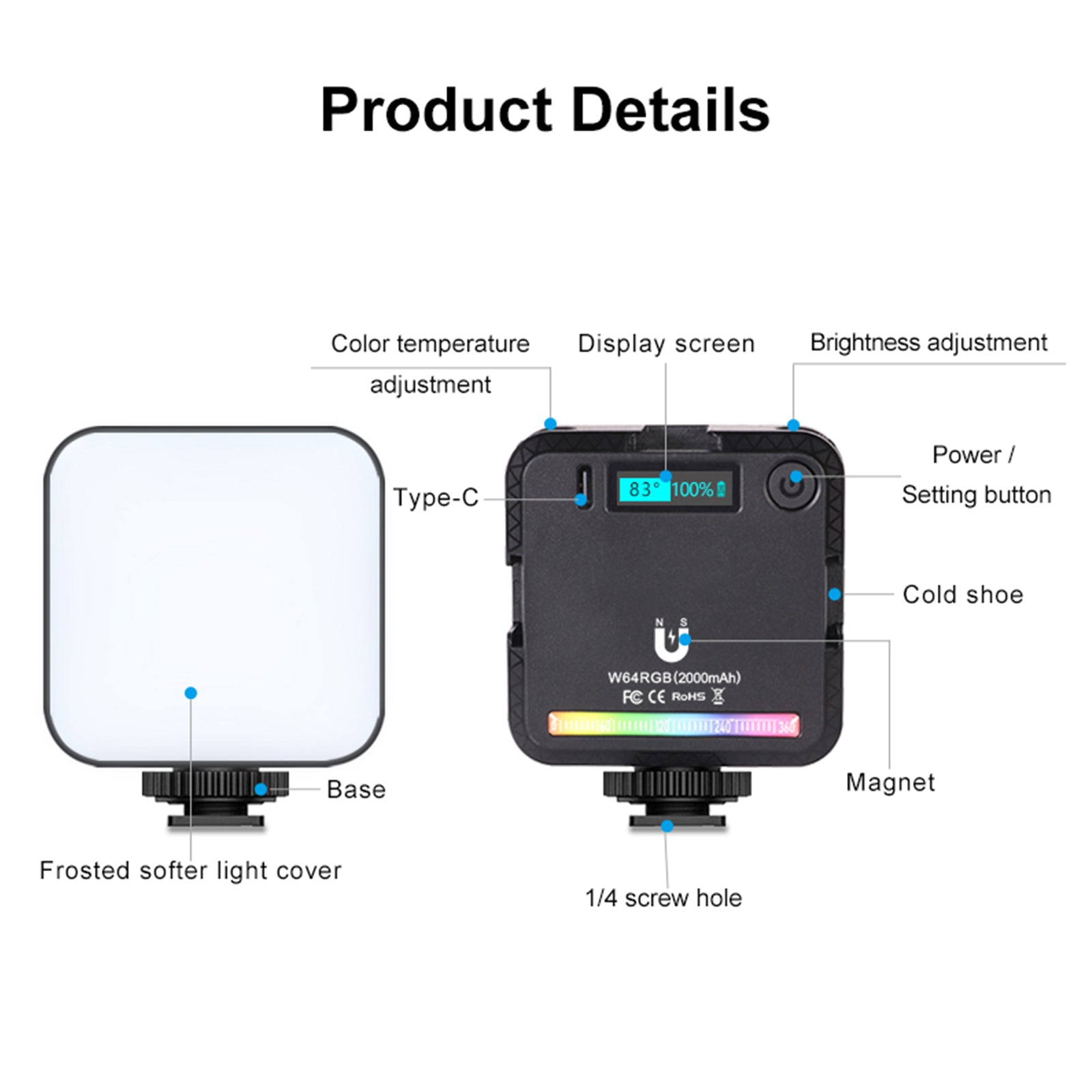 W64 RGB LED-videolicht, invullicht, videocamera, mobiele telefoon, live schoonheid, buiten