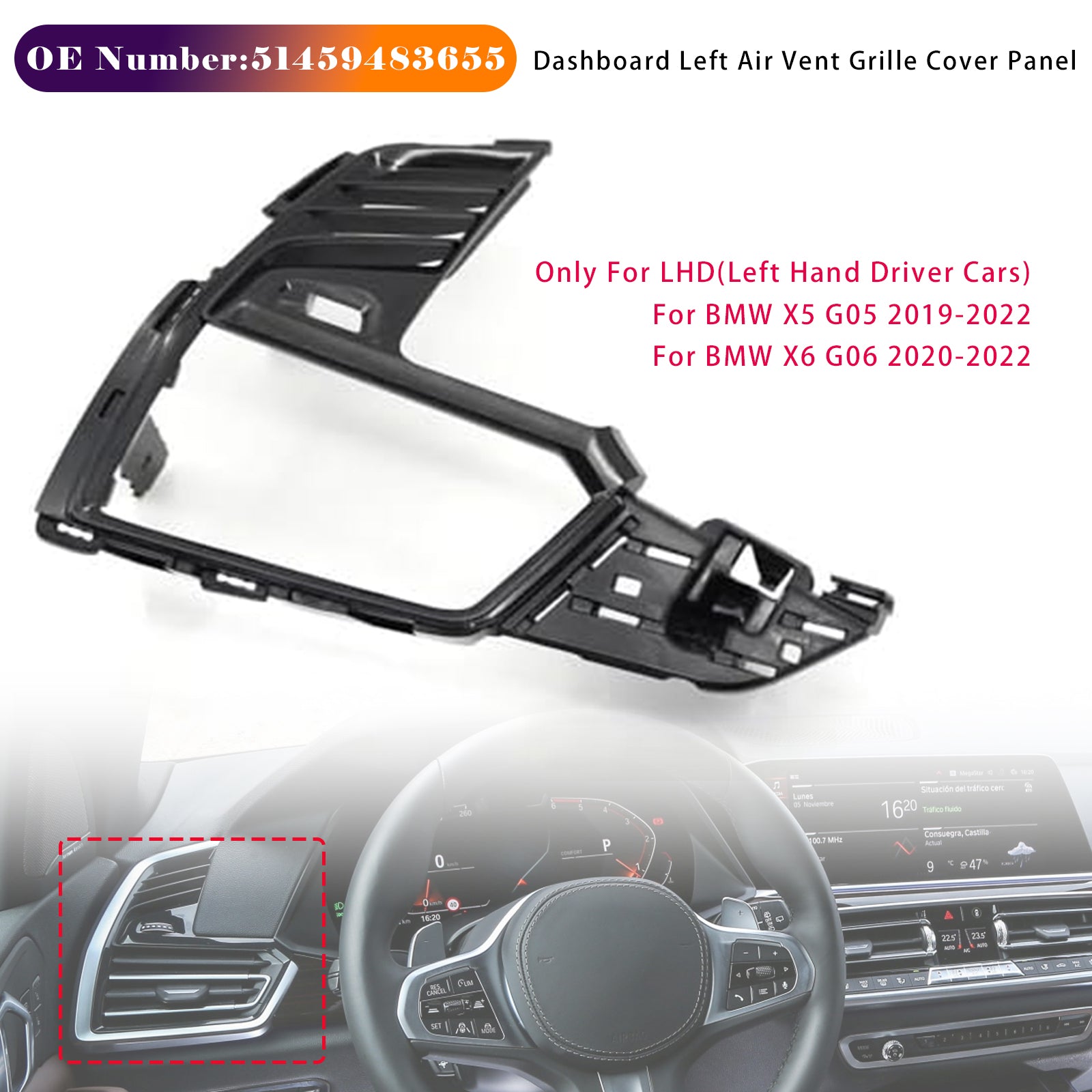 Dashboard Left Air Vent Grille Cover Panel 51459483655 For BMW X5 X6 2019-2022