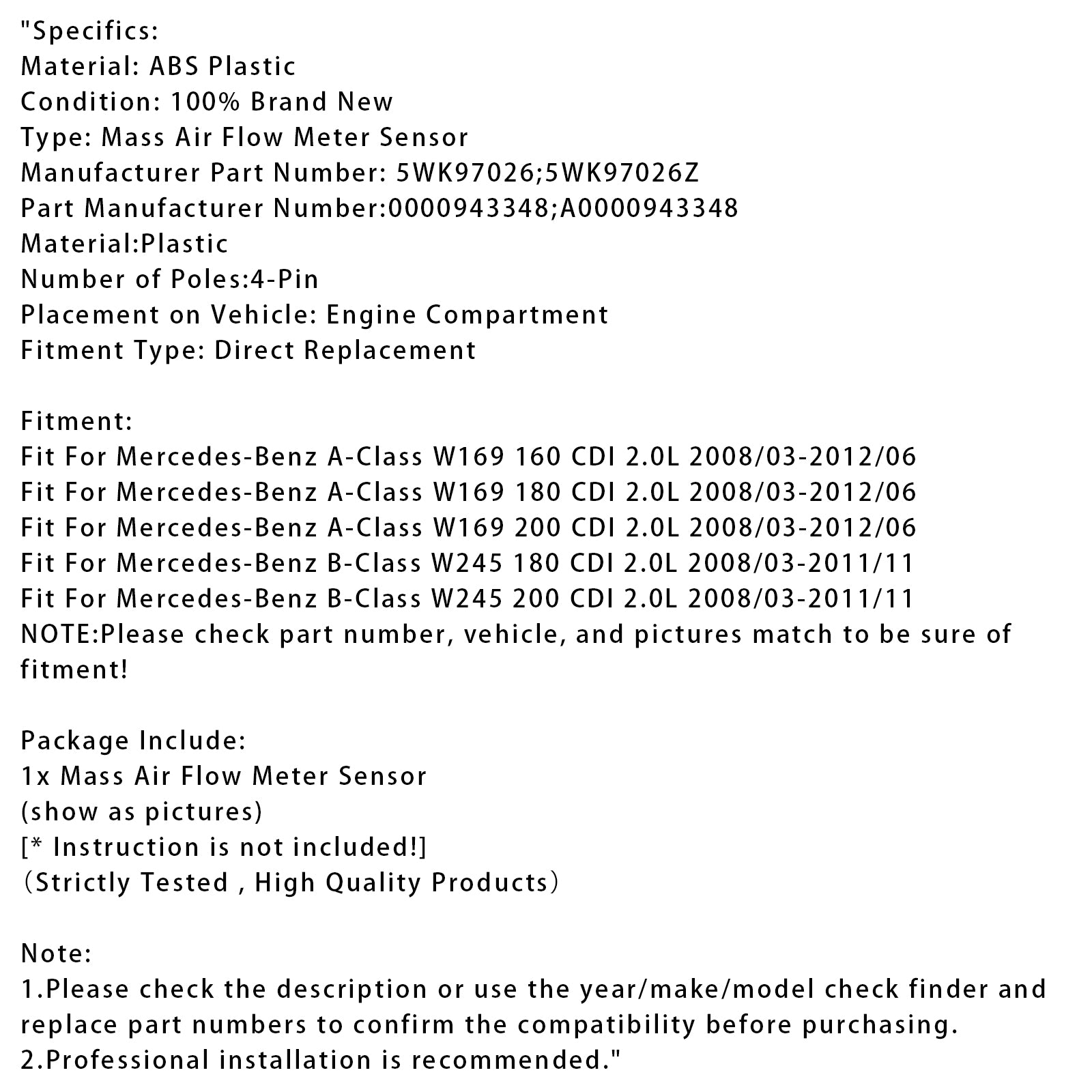 Massaluchtstroommetersensor voor Mercedes-Benz AB W245 W169 5WK97026