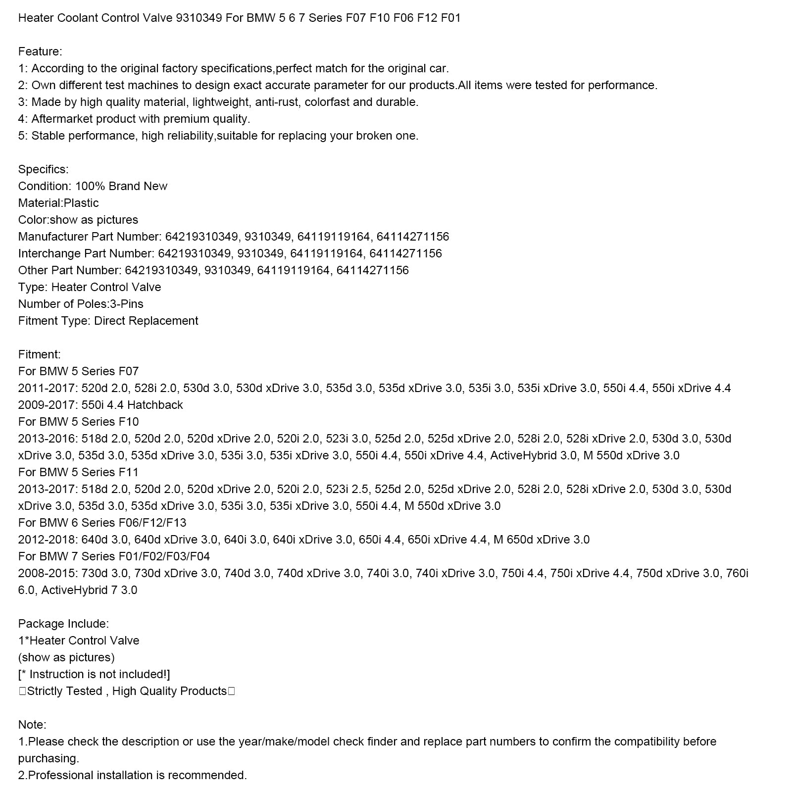 Heater Coolant Control Valve 64114271156 For BMW 5 6 7 Series F07 F10 F06