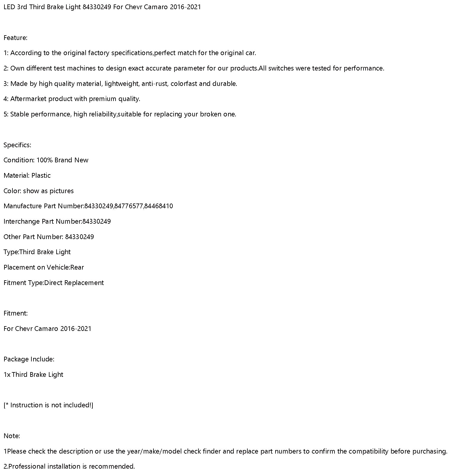 LED 3. tretie brzdové svetlo 84330249 pre Chevy Camaro 2016-2021
