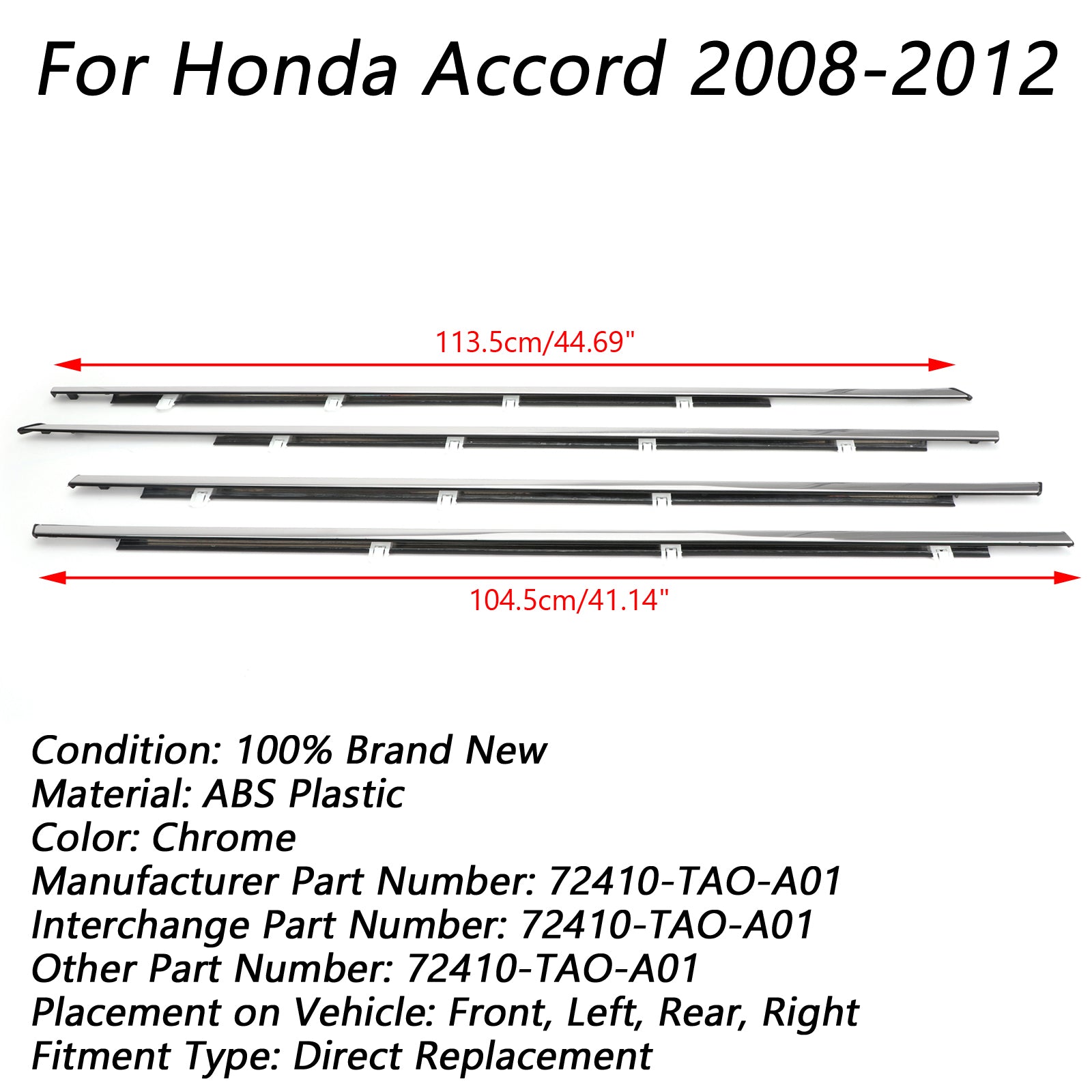 2008-2012 Honda Accord 4pcs Chrome Weatherstrip Window Moulding Trim Seal Belt