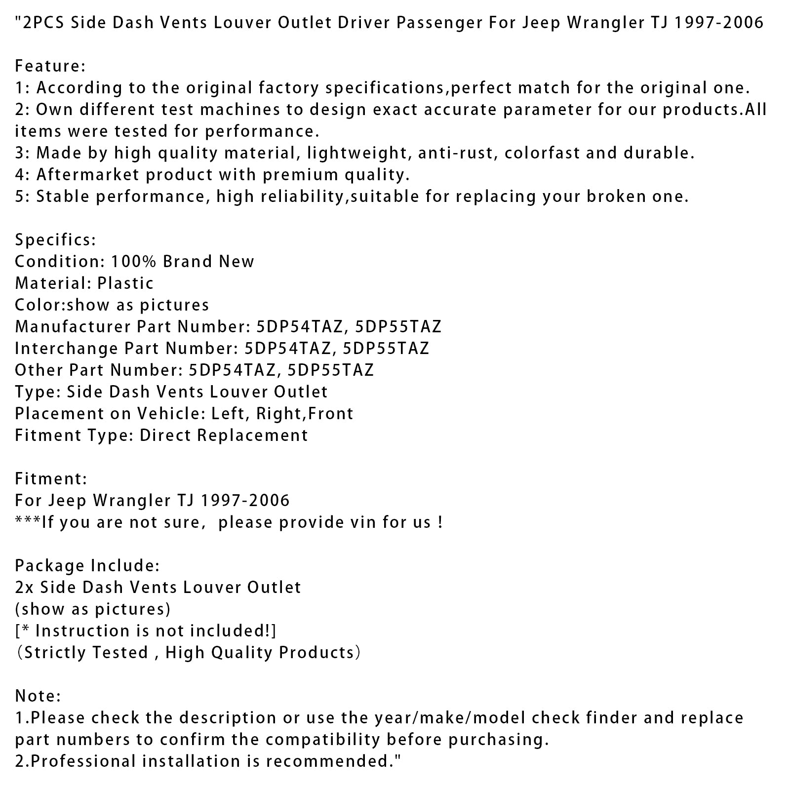 1997-2006 Jeep Wrangler TJ 2PCS Side Dash Vents Louver Outlet Driver Passenger