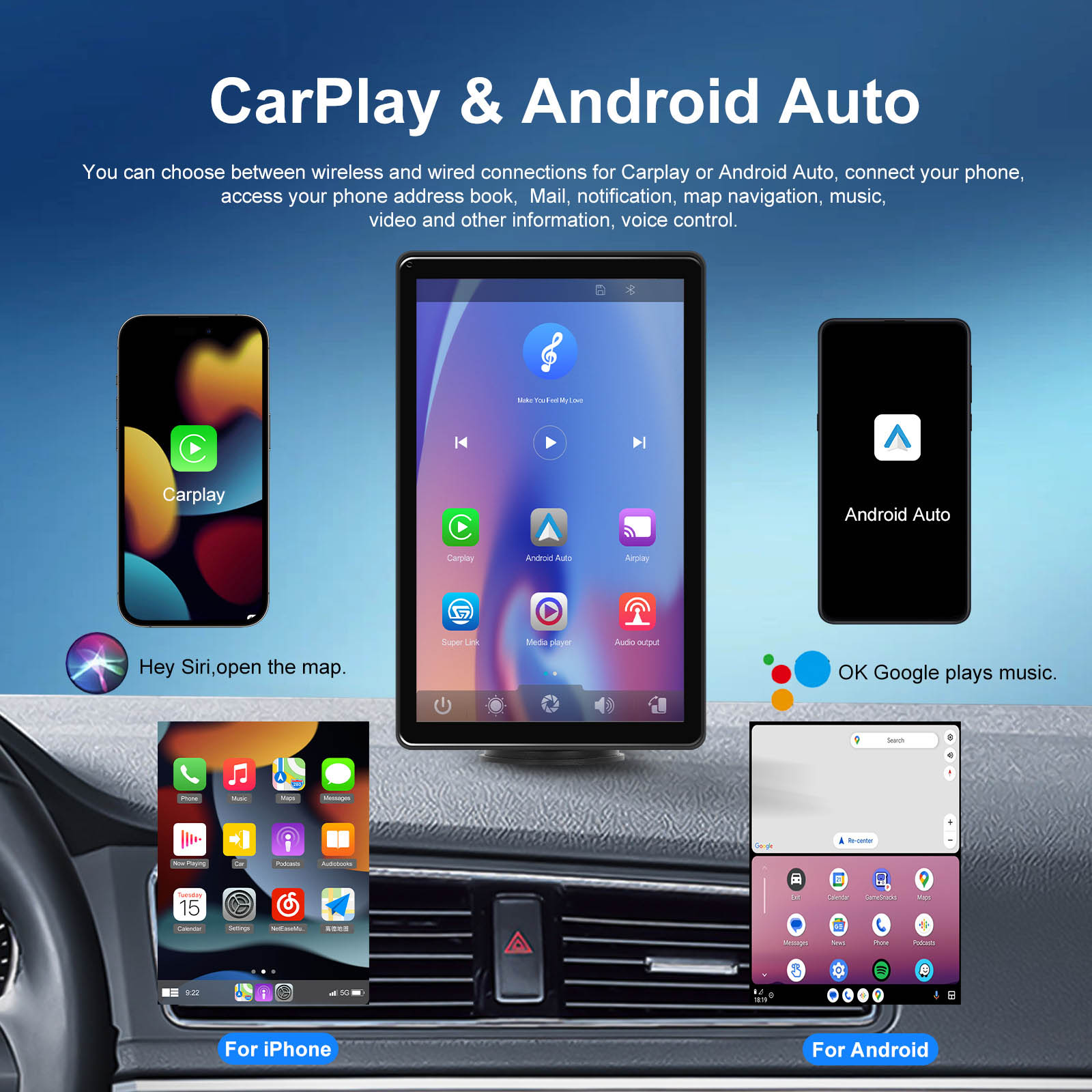 8" Touchscreen Apple CarPlay Android Auto Horizontaal Verticaal Schakelen Weergave