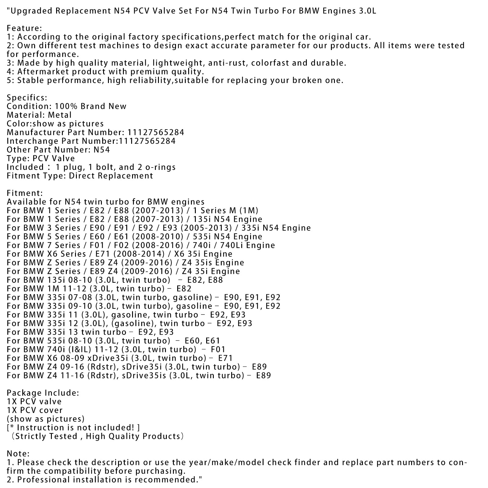 2008-2016 BMW Serie 7/F01/F02 740i/740Li Juego de válvulas PCV N54 de repuesto mejorado para motor 11127565284