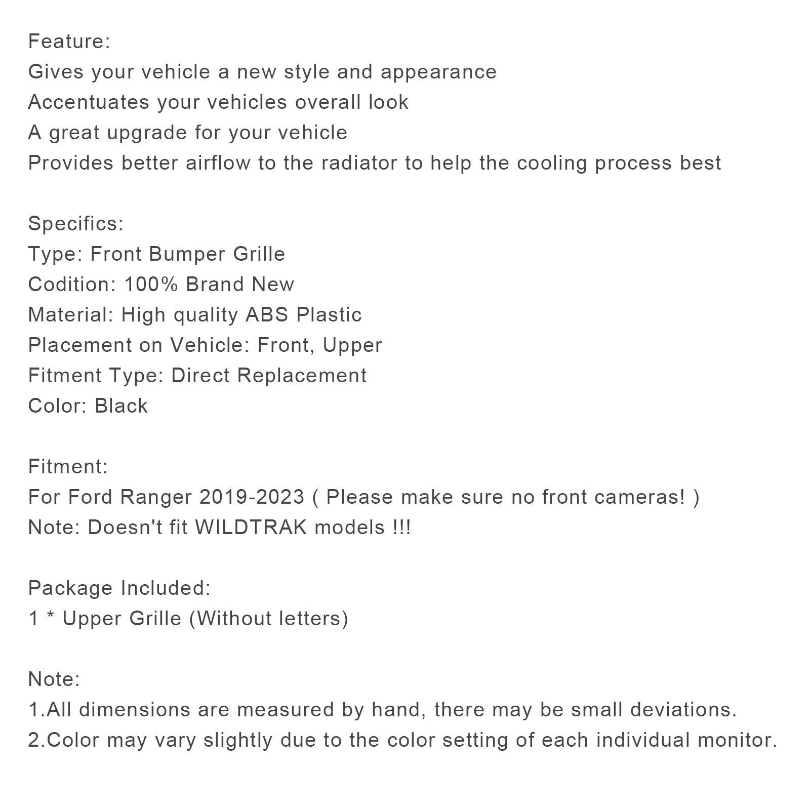 2019-2023 Ford Ranger T8 predný nárazník mriežka čierna