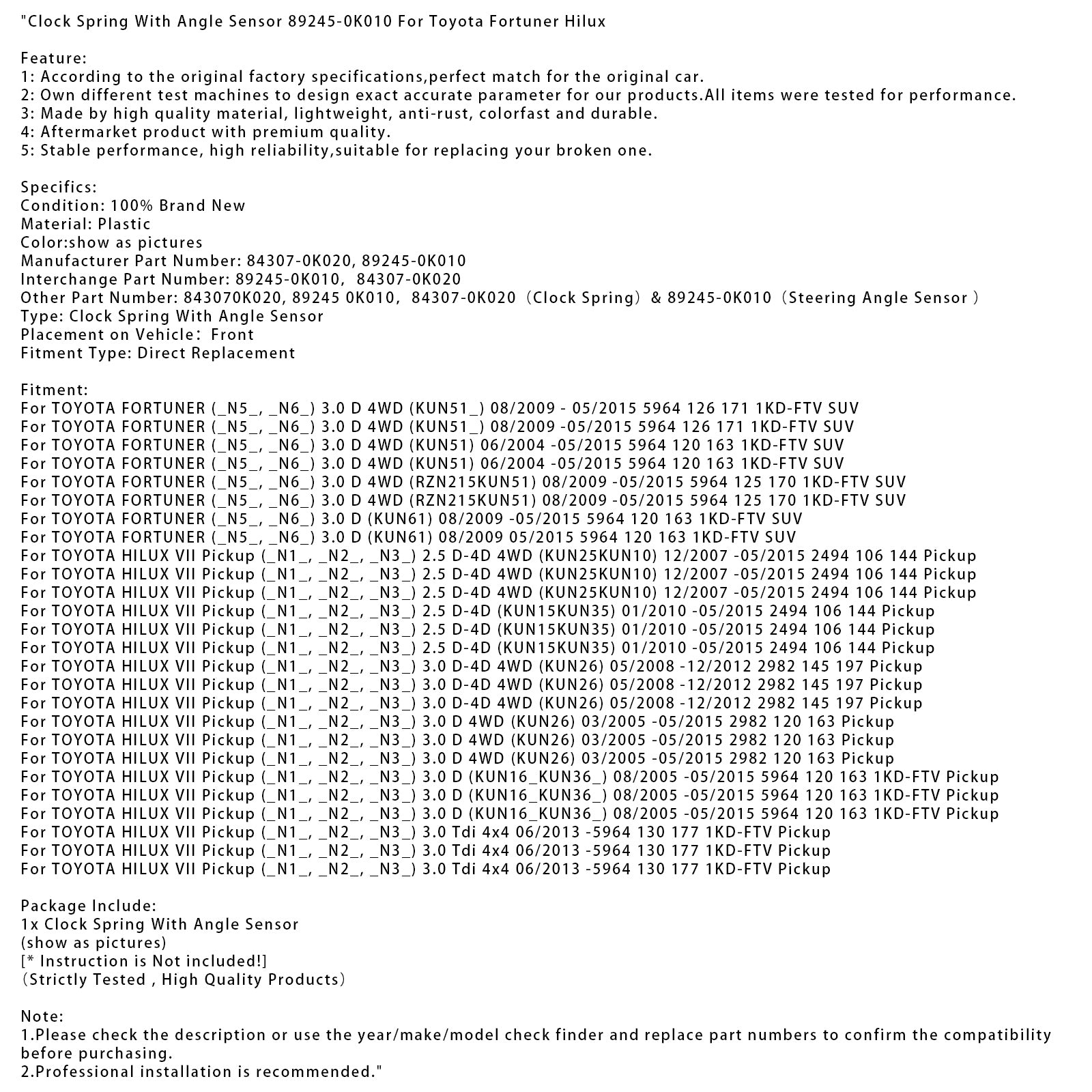 Clock Spring With Angle Sensor 89245-0K010 For Toyota Fortuner Hilux