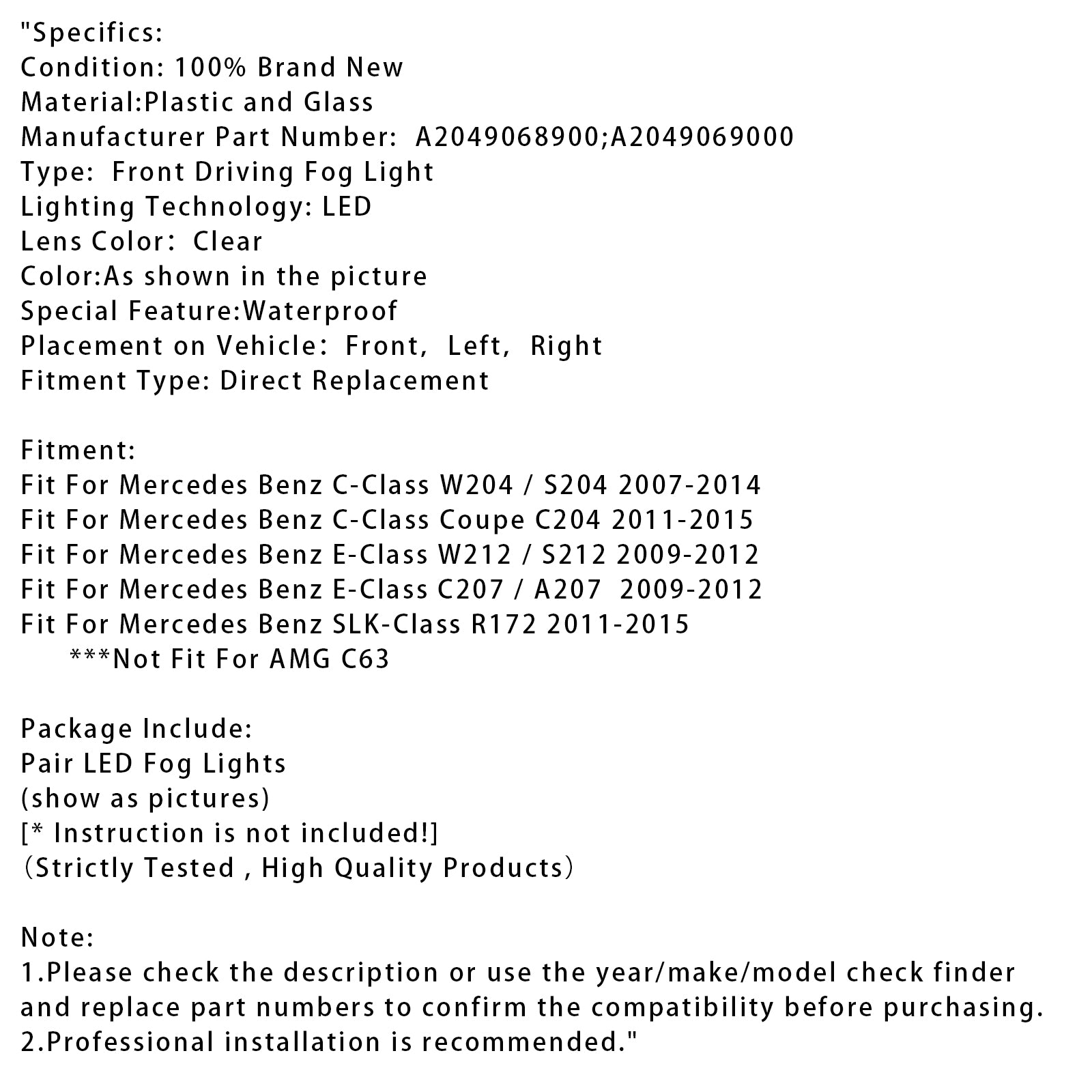 Paar LED-dagrijverlichting met mistlampen voor Mercedes-Benz W204 S204 W212 2007-2014