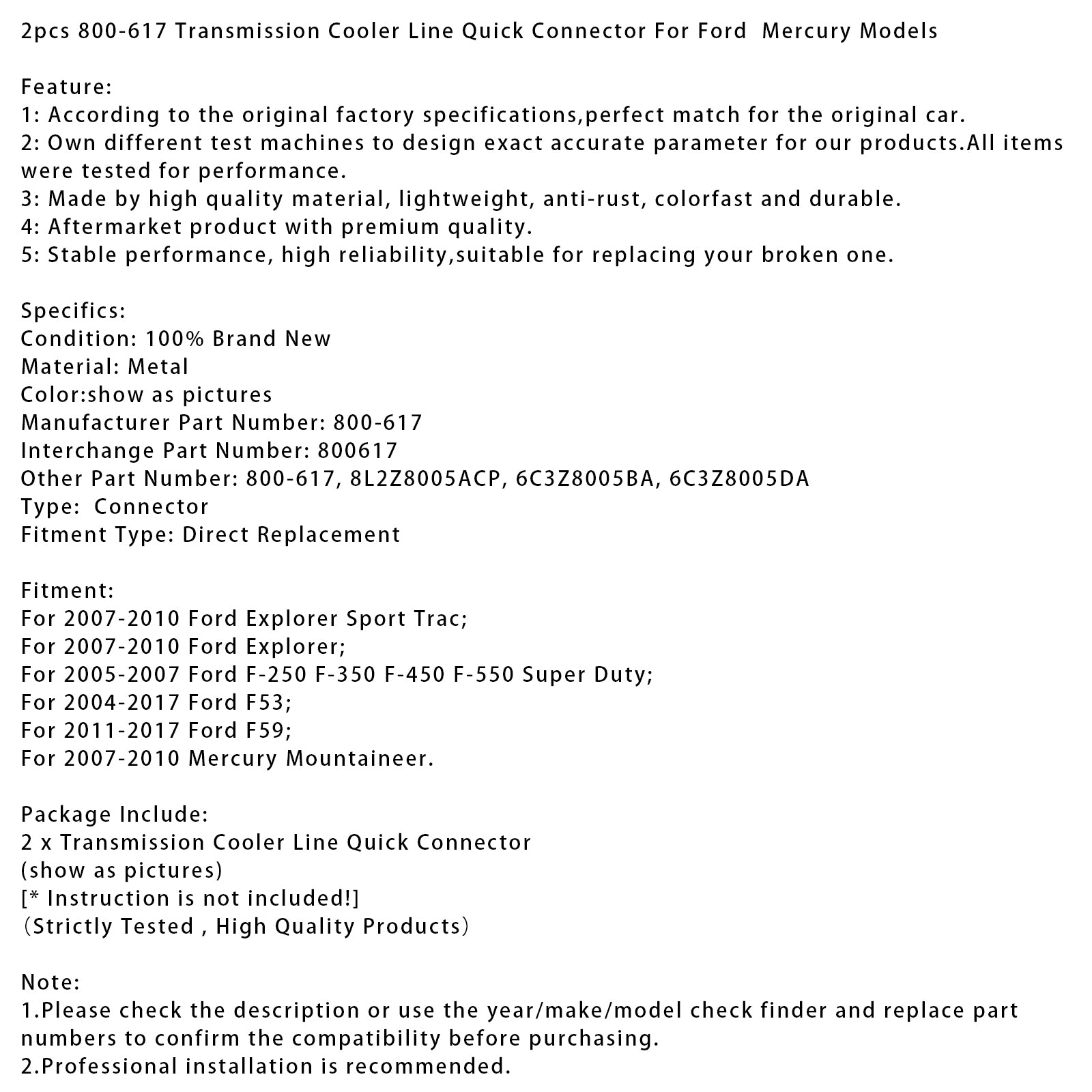2pcs 800-617 Transmission Cooler Line Quick Connector For Ford Mercury Models