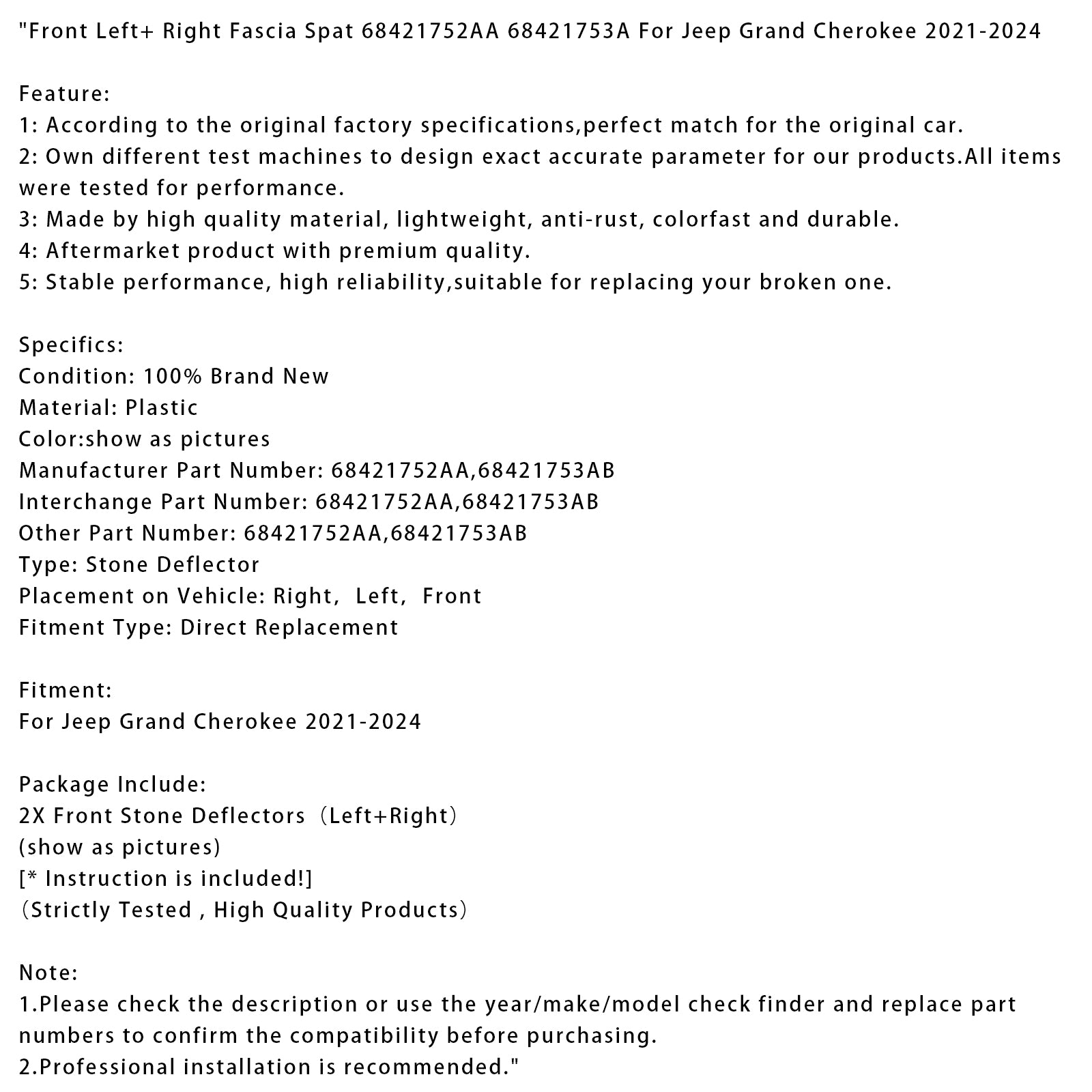 2021-2024 Jeep Grand Grand Cherokee avant gauche + fascia droit 68421752AA 68421753A 68421753AB