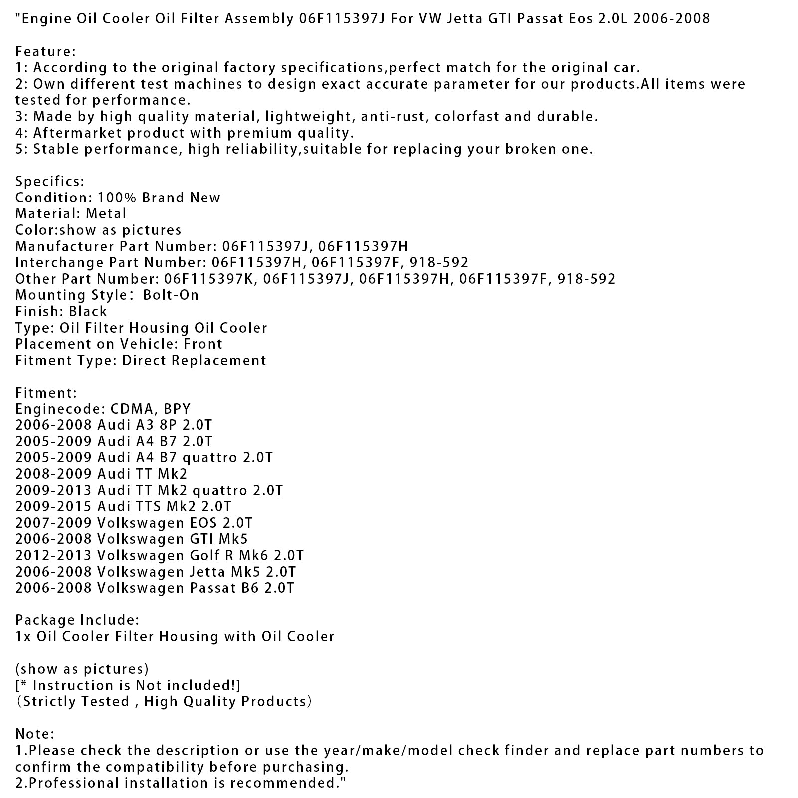 Conjunto de filtro de aceite del enfriador de aceite del motor Audi TT Mk2 2008-2009 06F115397J 06F115397H