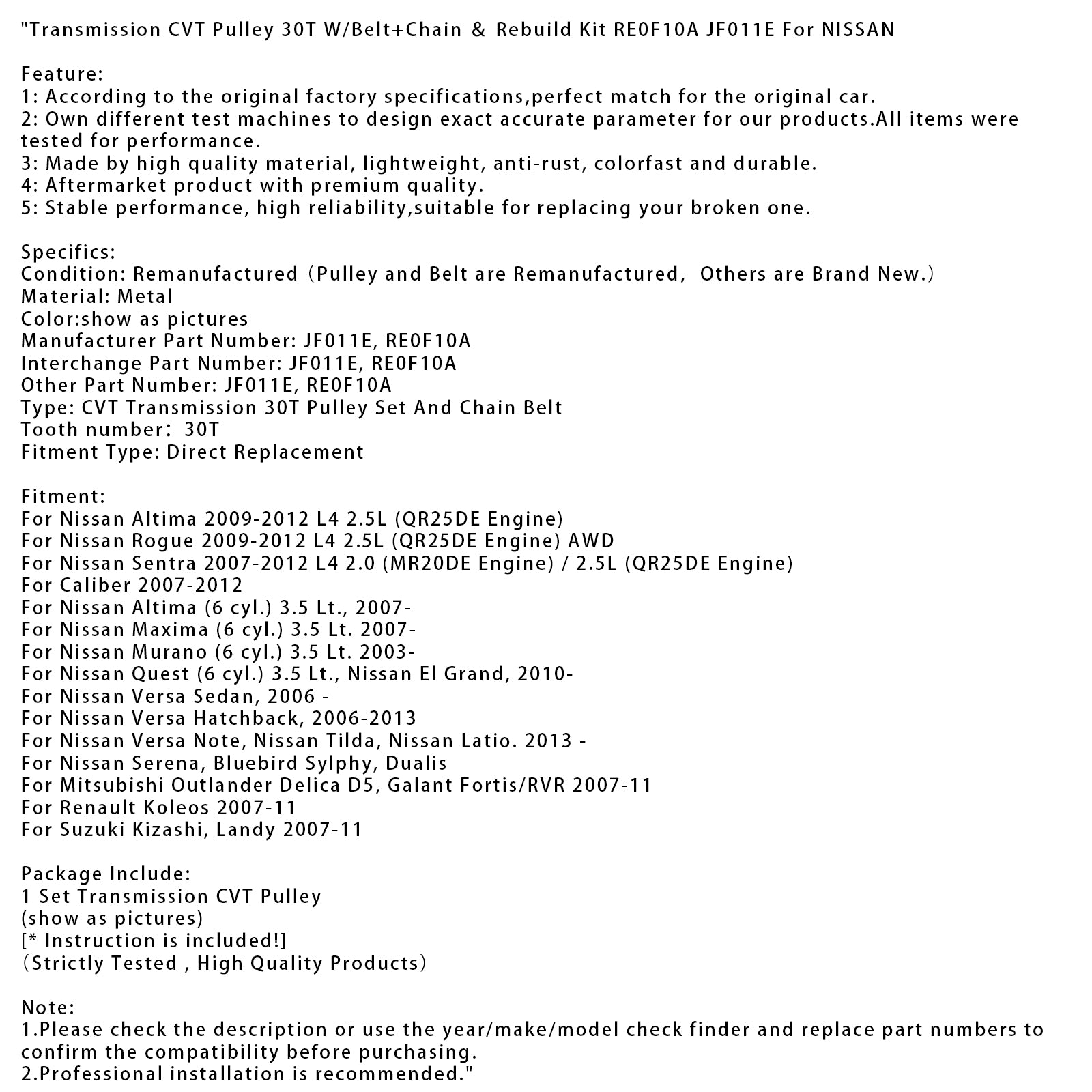 Transmission CVT Pulley 30T W/Belt+Chain&Rebuild Kit RE0F10A JF011E For NISSAN